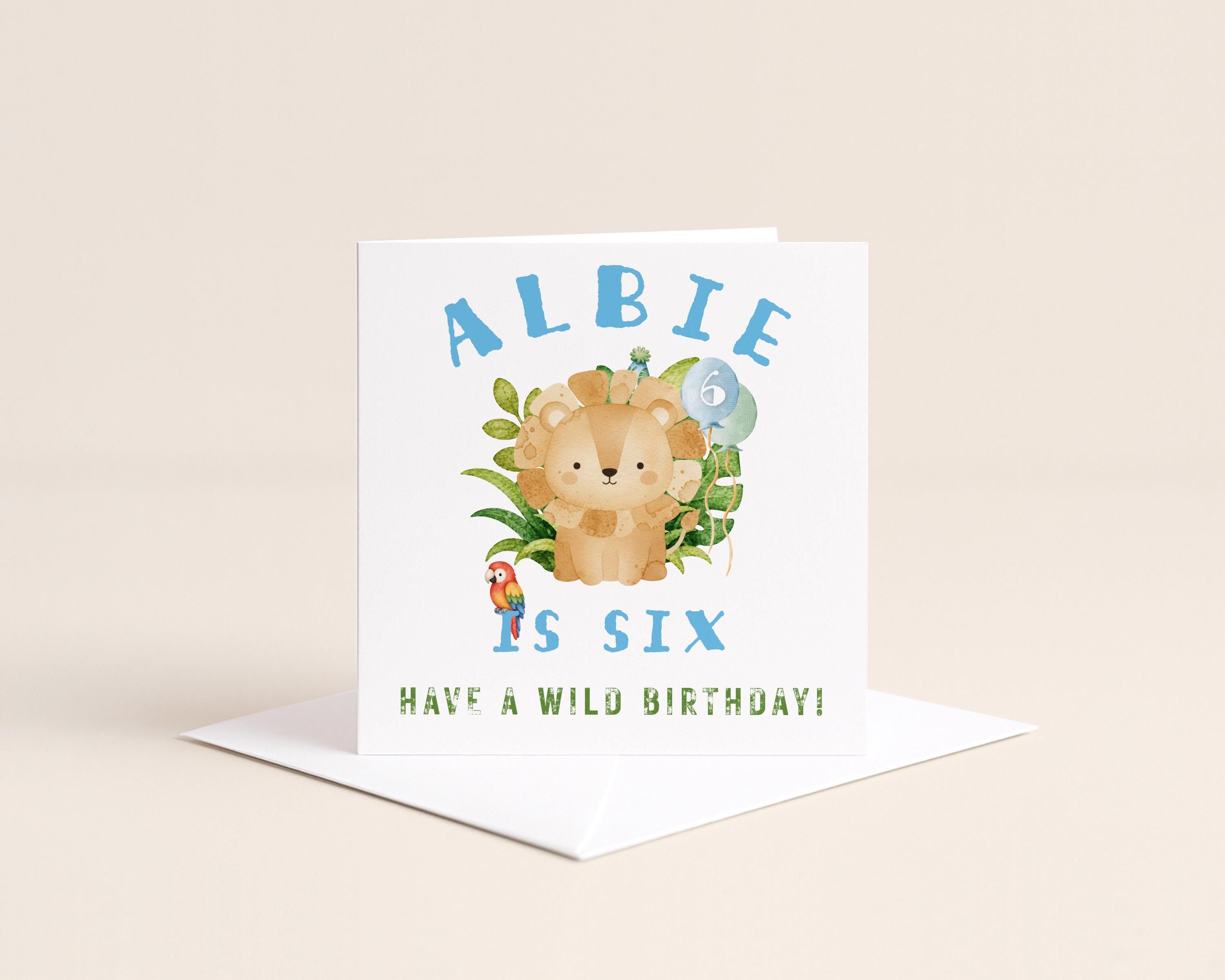 Square personalised safari birthday card with white envelope