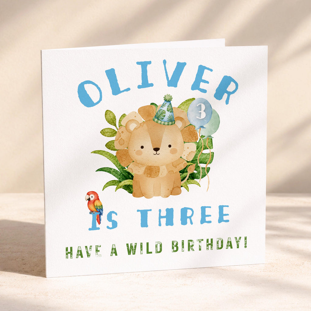 Personalised safari lion birthday card for boy age four with name