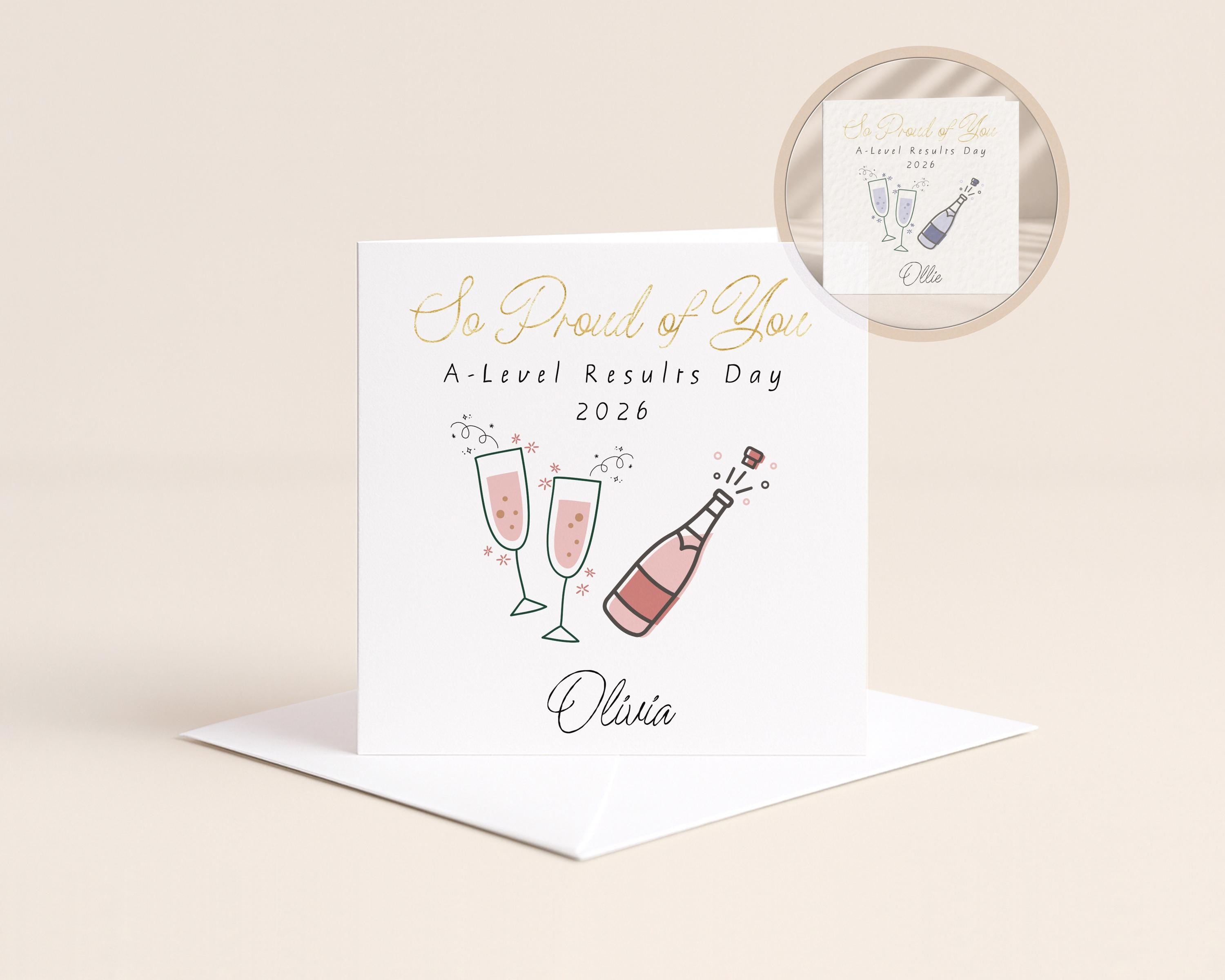 Personalised Pink A Level Results Card 2026 With Gold Foil