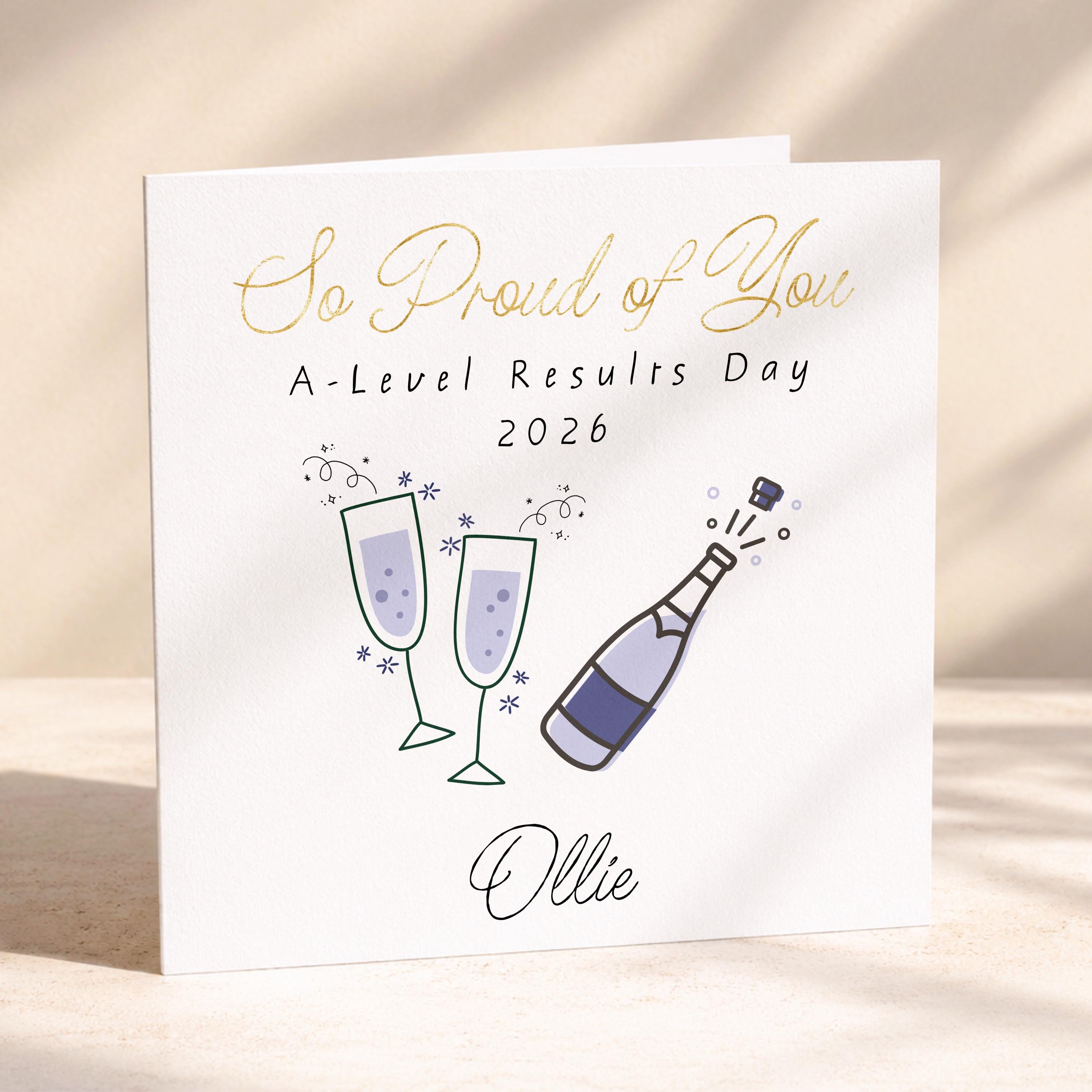 A Level Results Card Champagne Bottle And Glasses Design