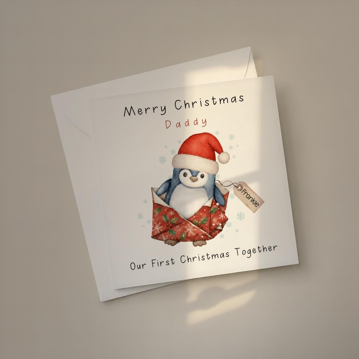 Personalised Mummy or Daddy Christmas card with child name on gift tag