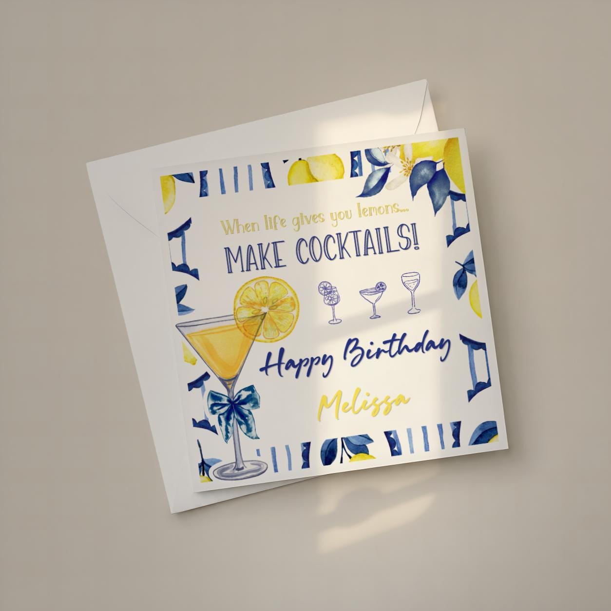 Personalised lemon cocktail birthday card for her with custom name, image 4
