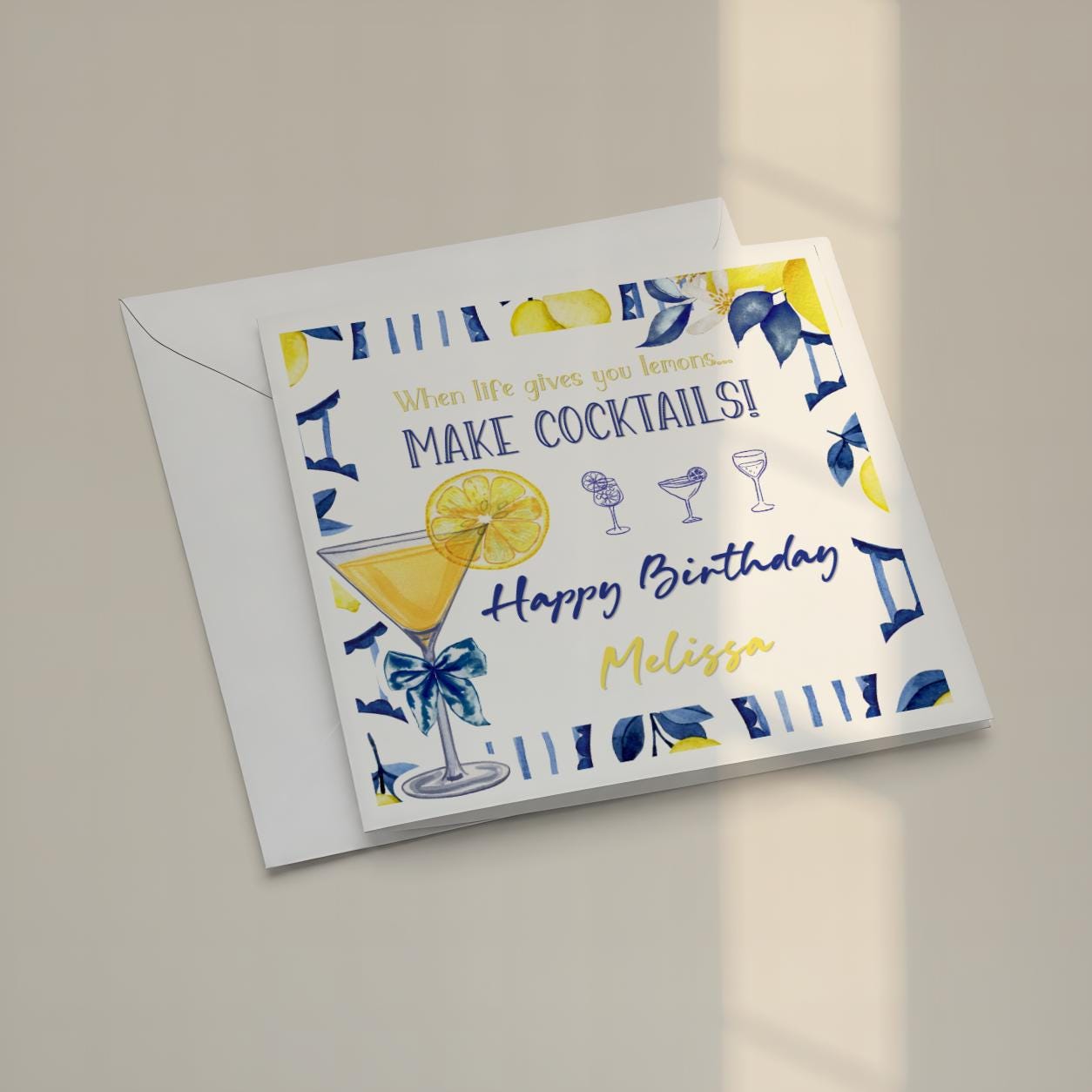Personalised lemon cocktail birthday card for her with custom name, image 6