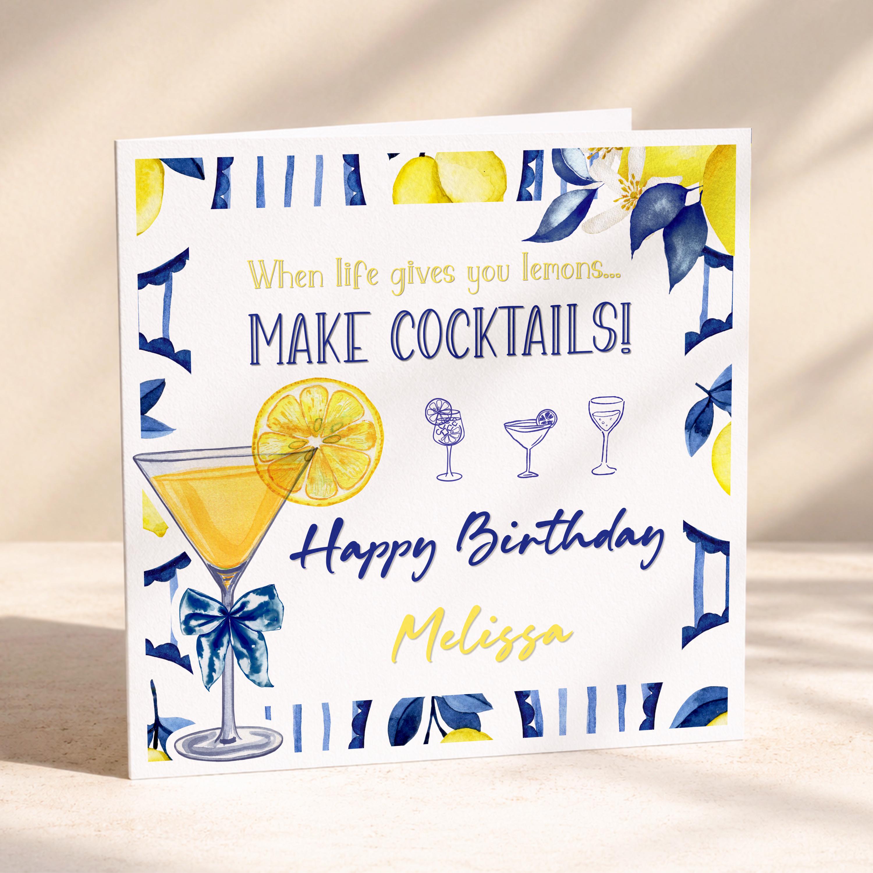 Personalised lemon cocktail birthday card for her with custom name, image 1
