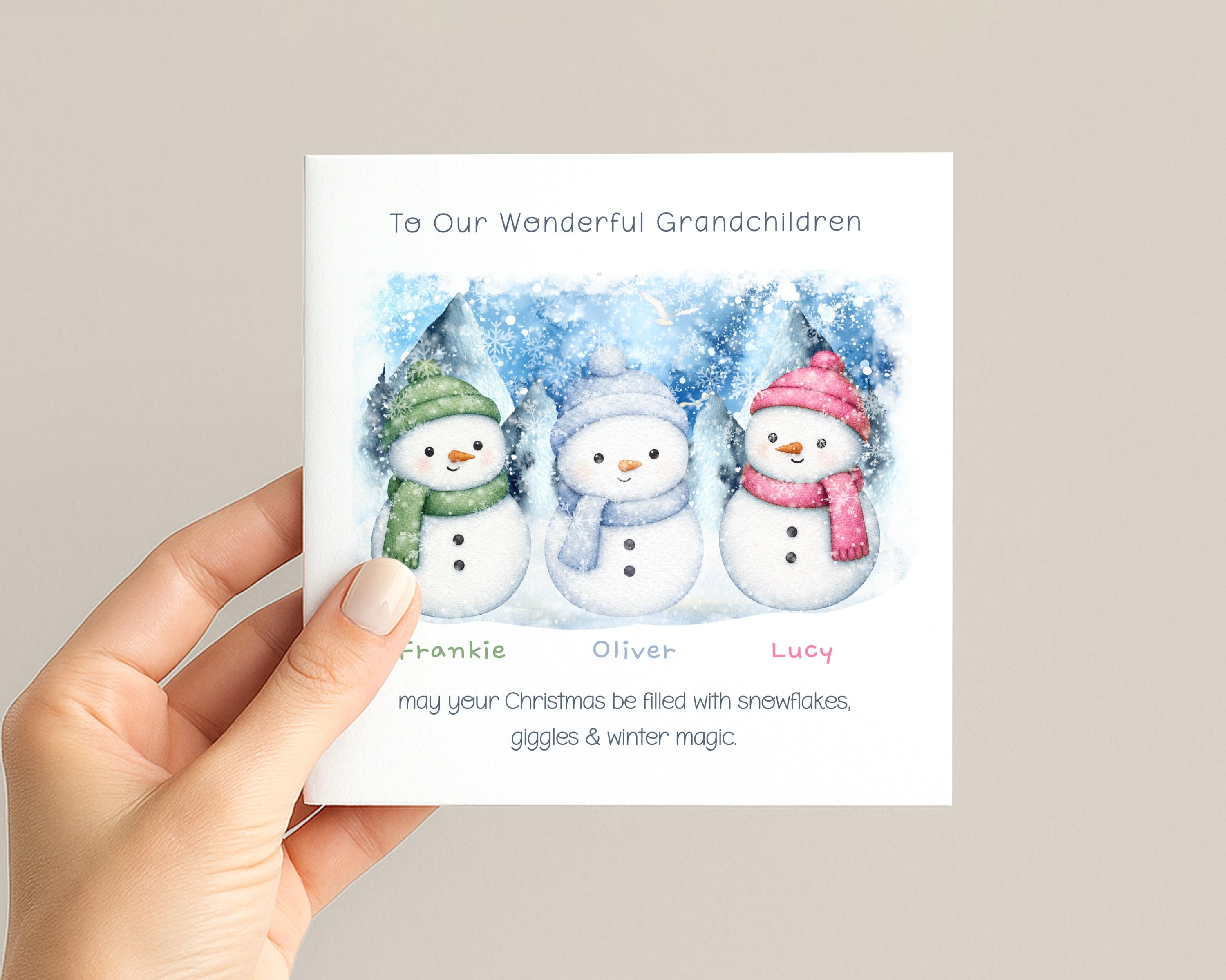 Three blue yellow and pink snowmen personalised Christmas card