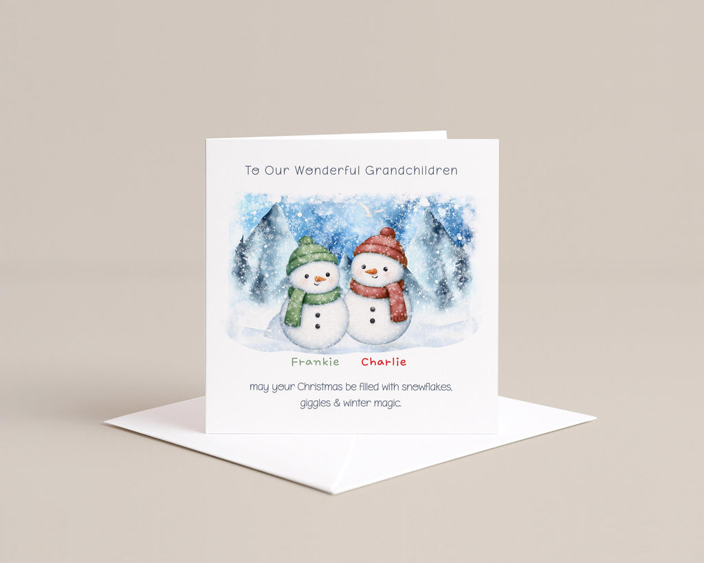 Three green blue and pink snowmen personalised Christmas card