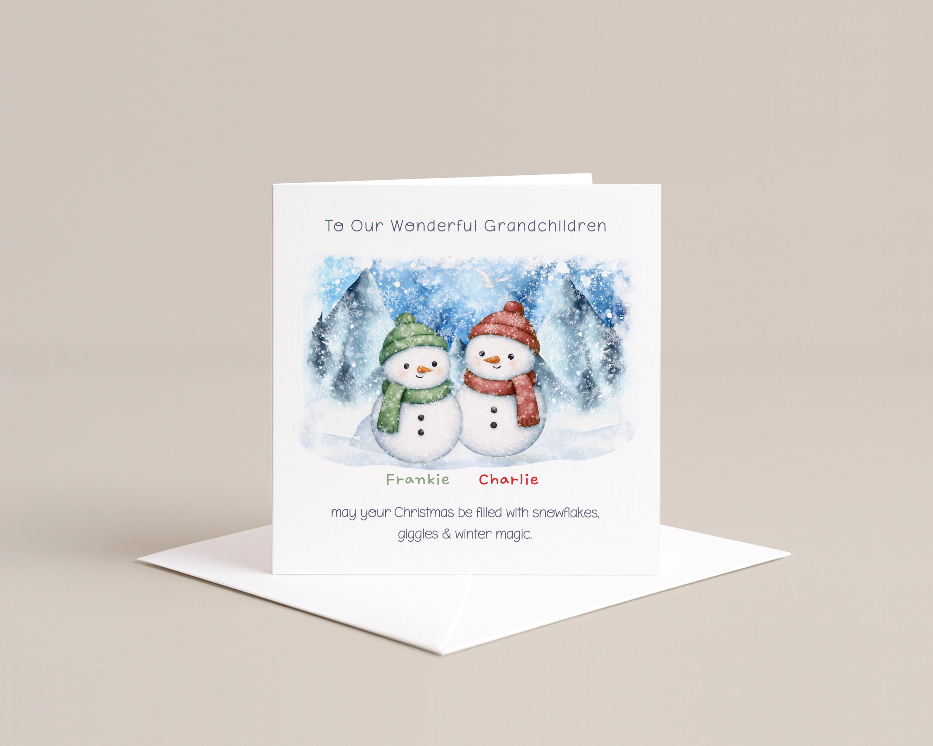 Three green blue and pink snowmen personalised Christmas card