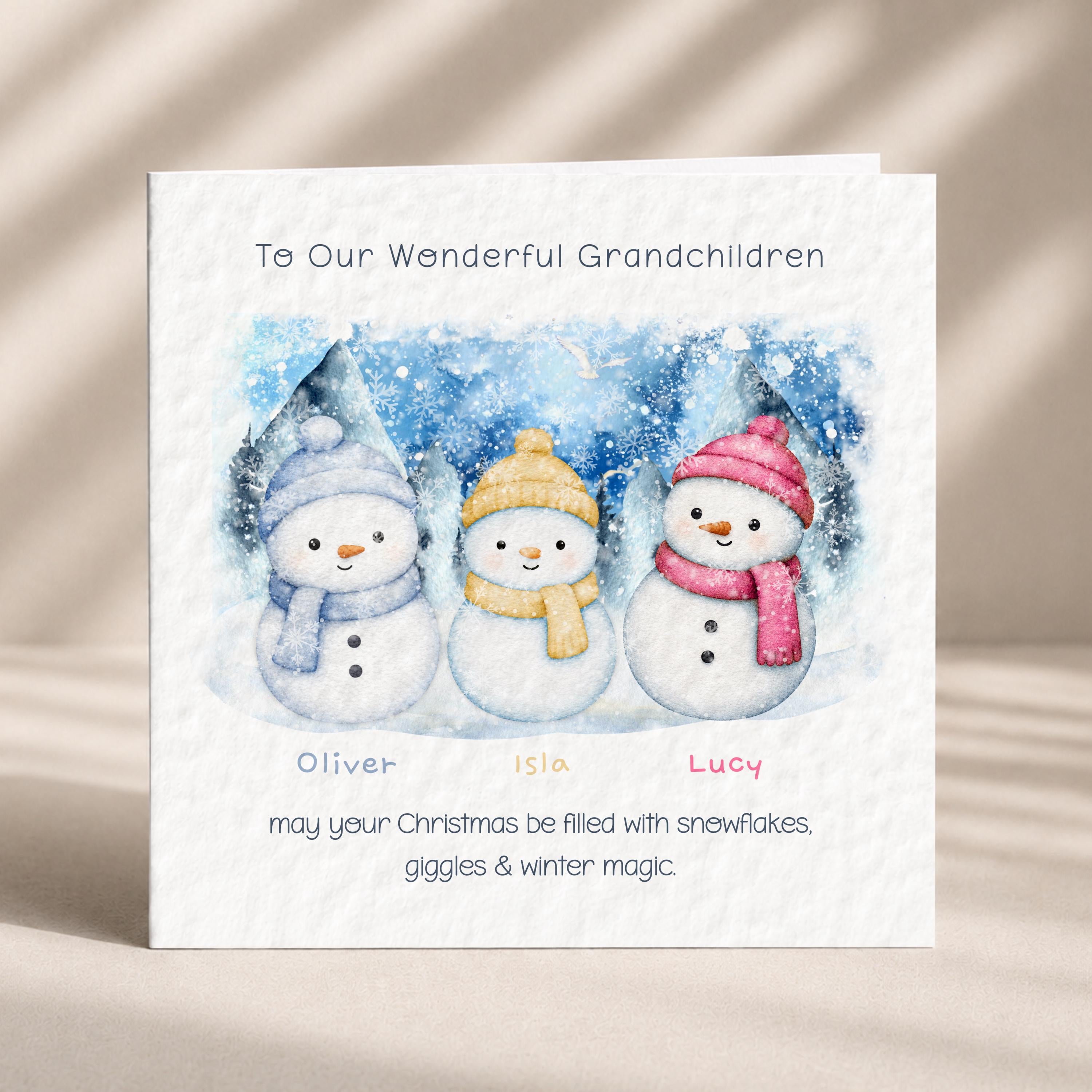 Two purple and pink snowmen personalised grandchildren Christmas card