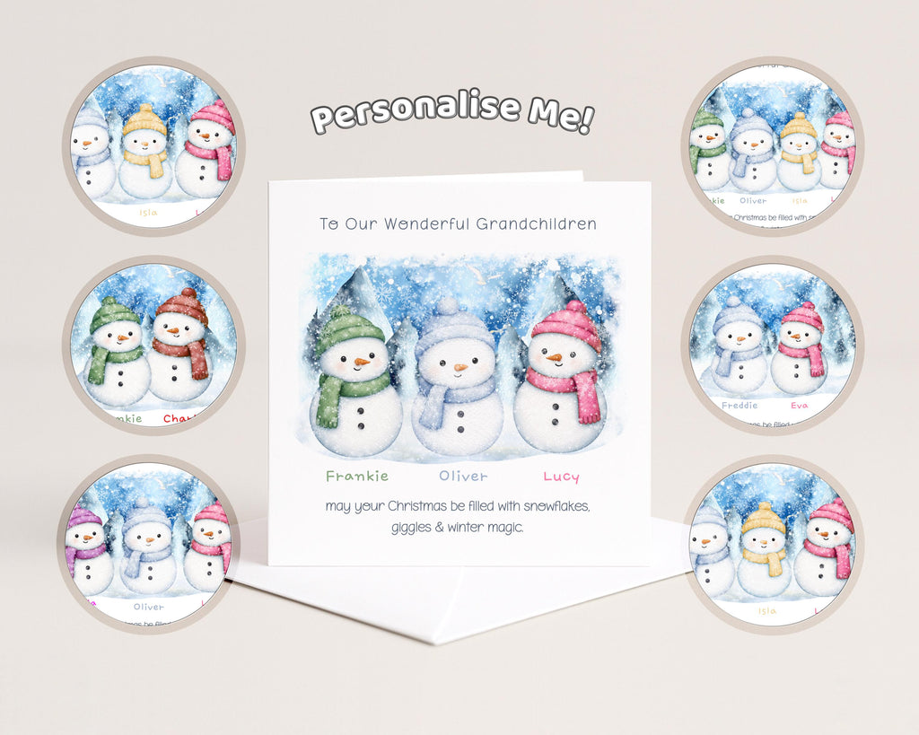 Personalised grandchildren Christmas card with colourful named snowmen