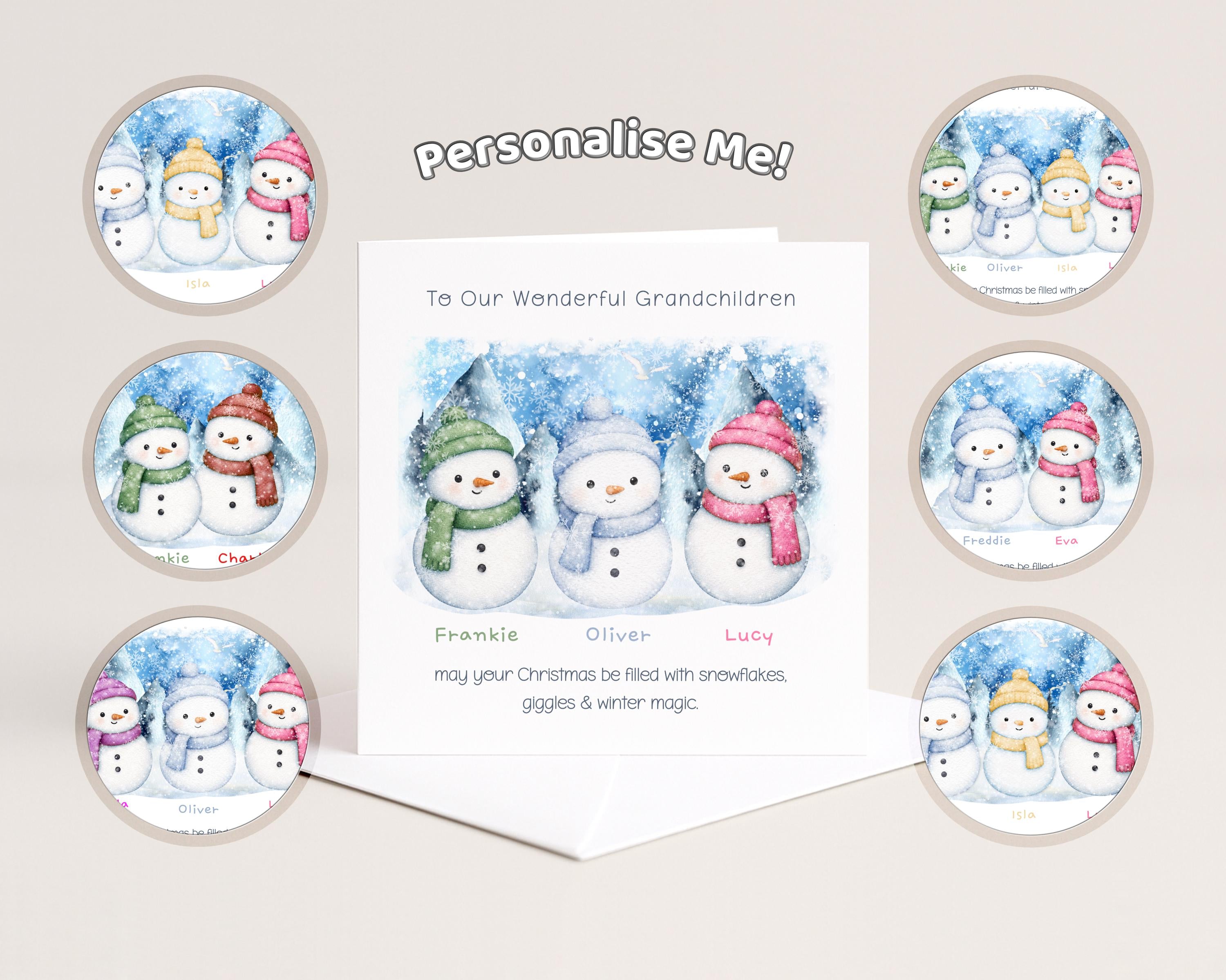 Personalised grandchildren Christmas card with colourful named snowmen