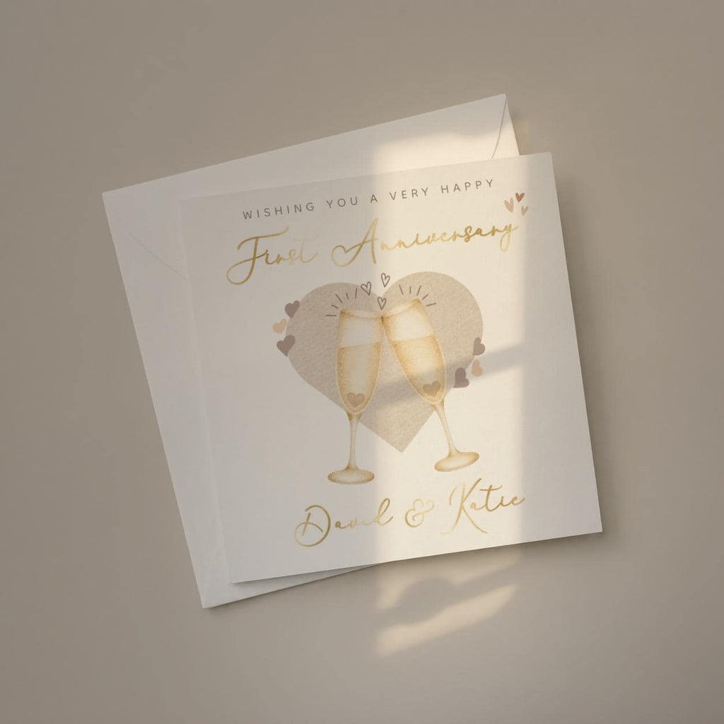 Personalised First Anniversary Card for Couple with Names and Gold Foil Champagne Glasses