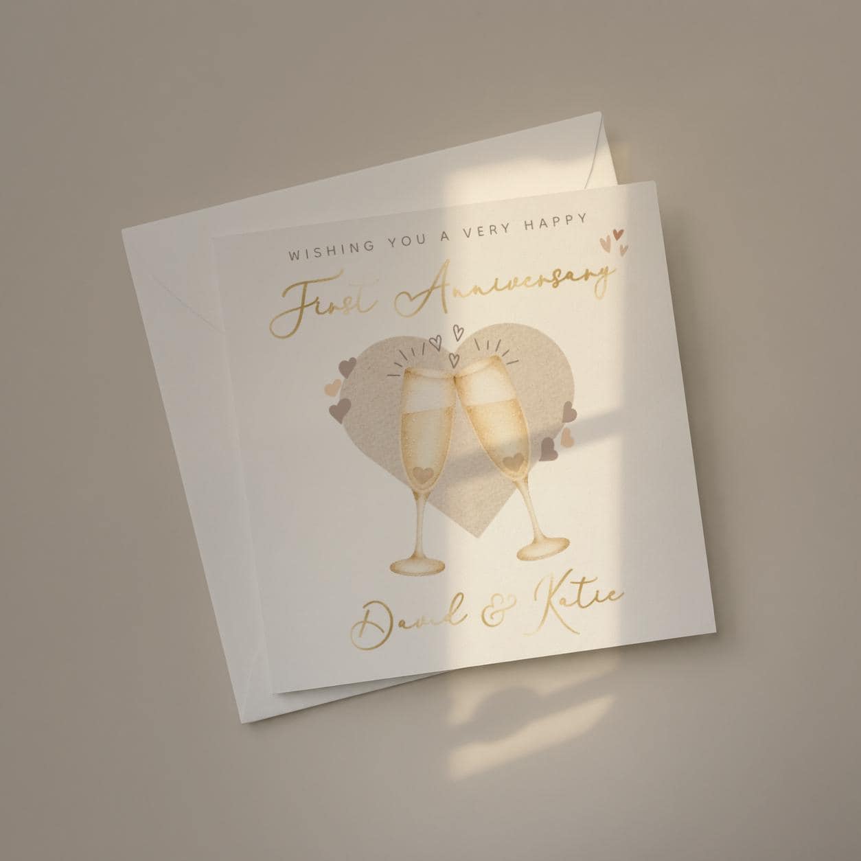 Personalised First Anniversary Card for Couple with Names and Gold Foil Champagne Glasses