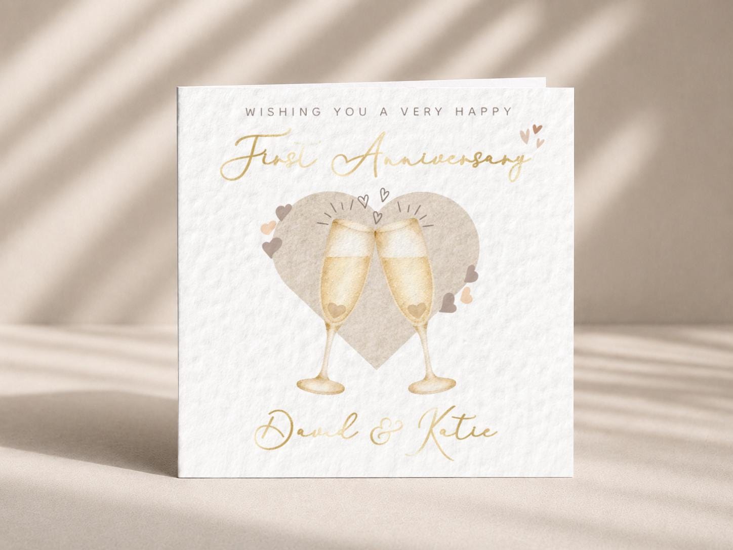 Personalised First Anniversary Card for Couple with Names and Gold Foil Champagne Glasses