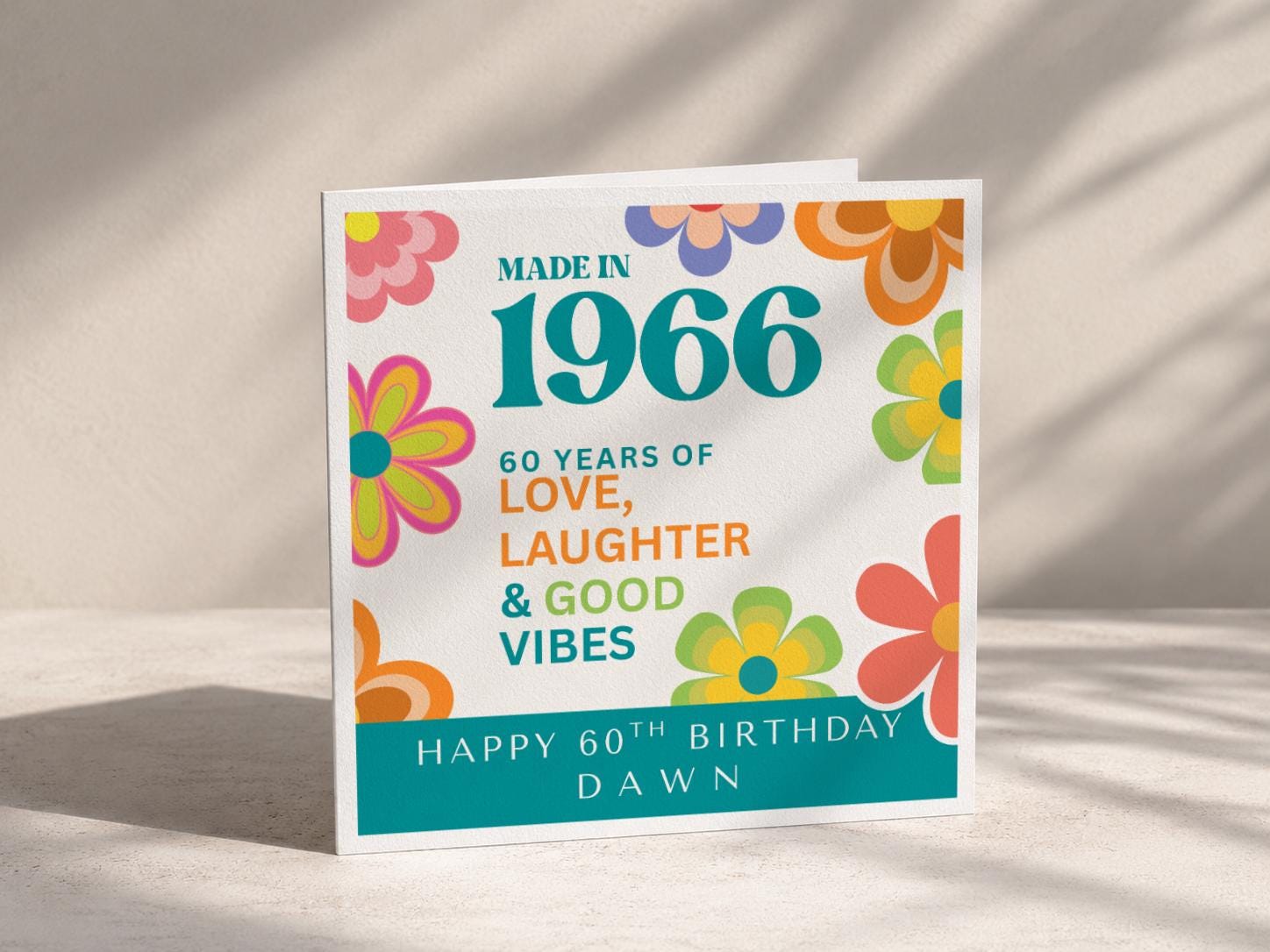 Personalised 60th Birthday Card, 1966 Retro Floral Design with Custom Name