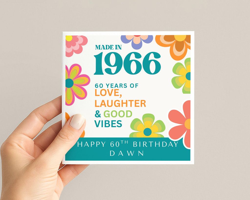 Personalised 60th Birthday Card, 1966 Retro Floral Design with Custom Name