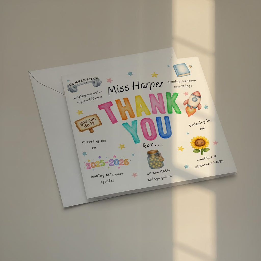 Personalised Teacher Thank You Card, Custom Name, End of School Year