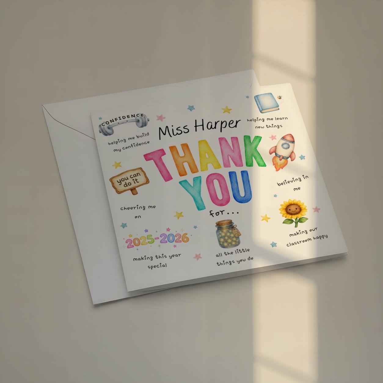 Personalised Teacher Thank You Card, Custom Name, End of School Year