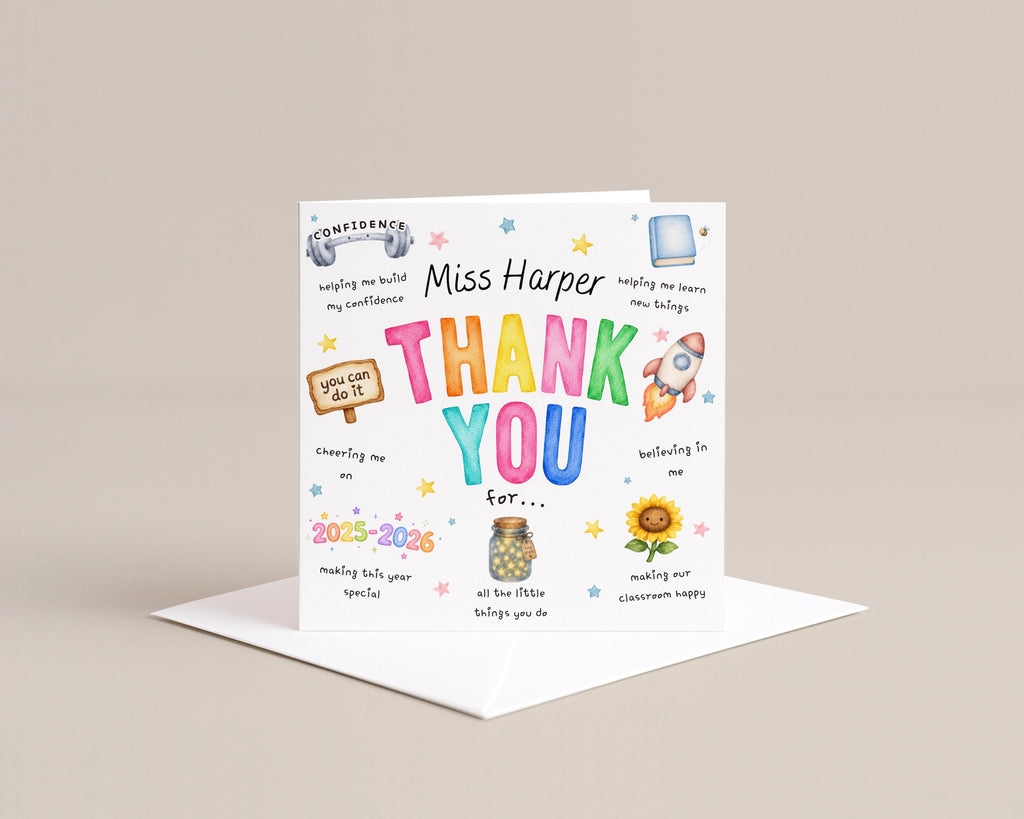 Personalised Teacher Thank You Card, Custom Name, End of School Year