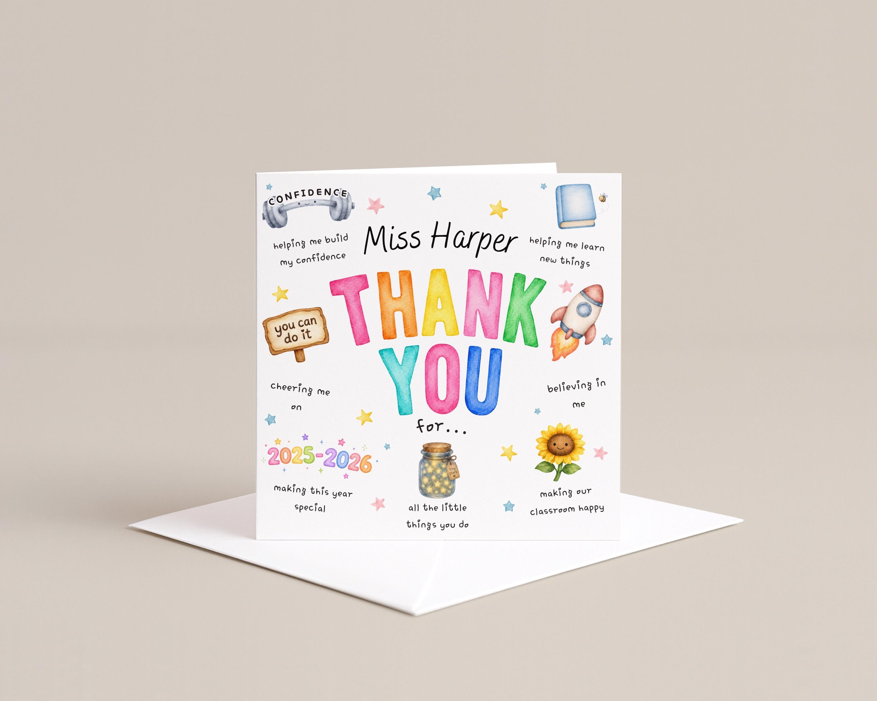 Personalised Teacher Thank You Card, Custom Name, End of School Year