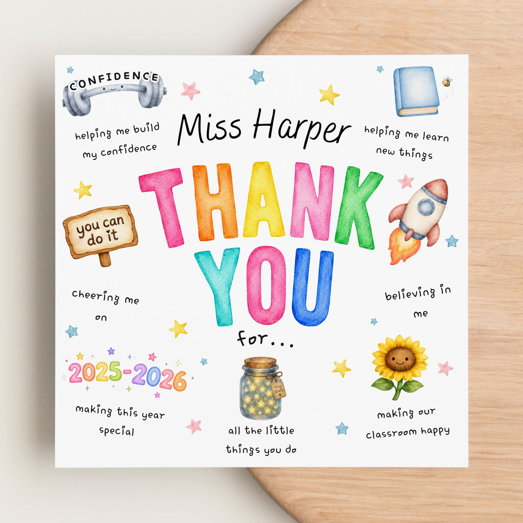 Personalised Teacher Thank You Card, Custom Name, End of School Year