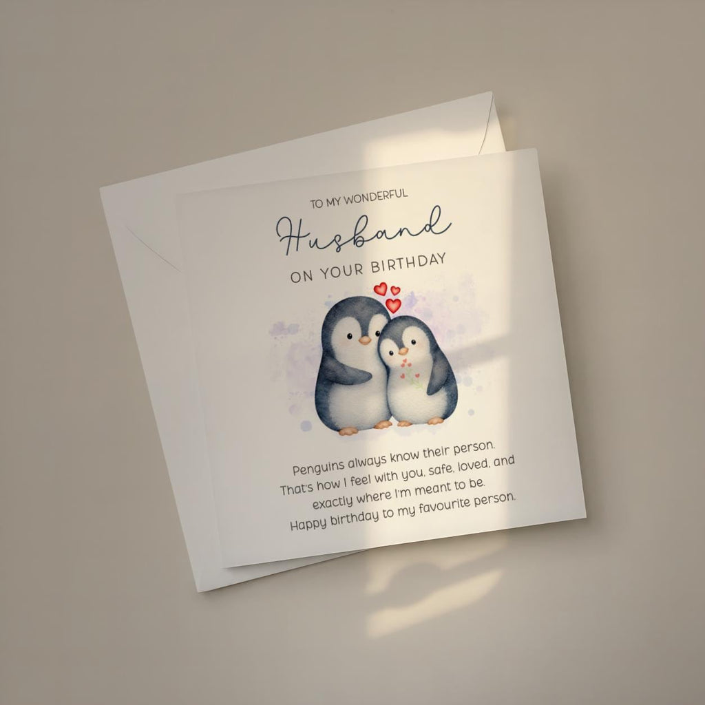 Birthday Card for Husband, Penguin Couple Design with Printed Verse for Your Favourite Person
