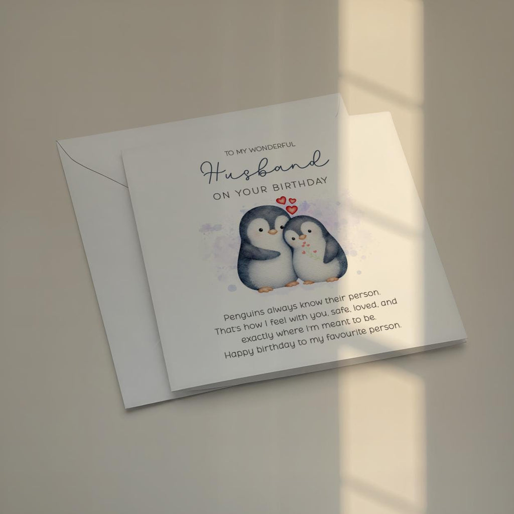 Birthday Card for Husband, Penguin Couple Design with Printed Verse for Your Favourite Person