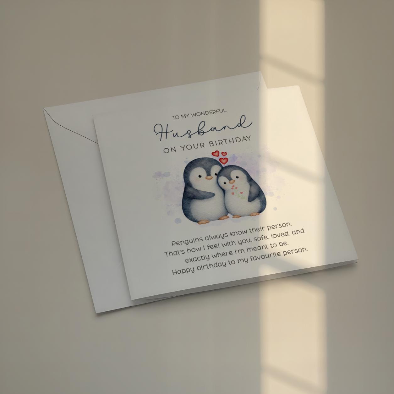 Birthday Card for Husband, Penguin Couple Design with Printed Verse for Your Favourite Person