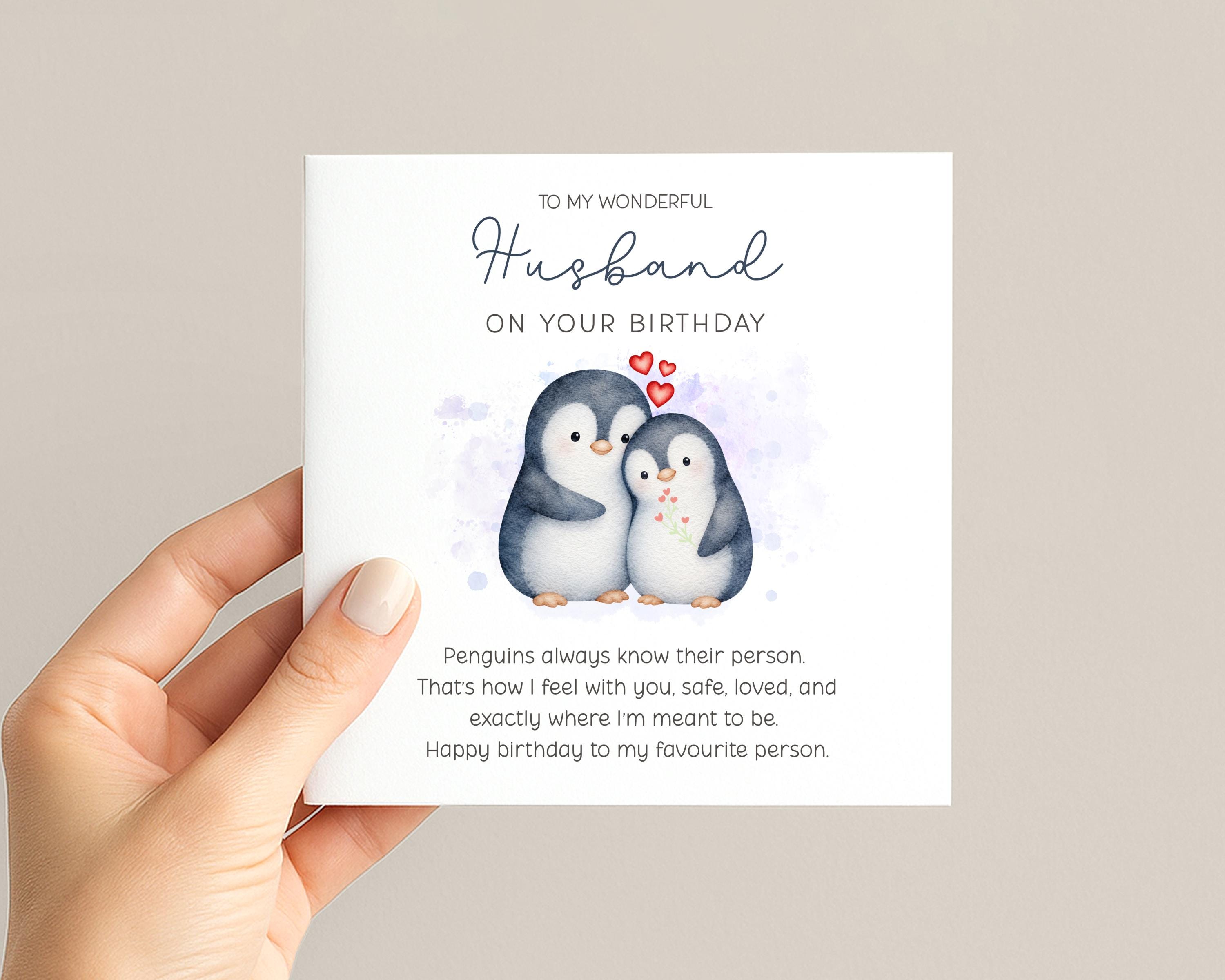 Birthday Card for Husband, Penguin Couple Design with Printed Verse for Your Favourite Person