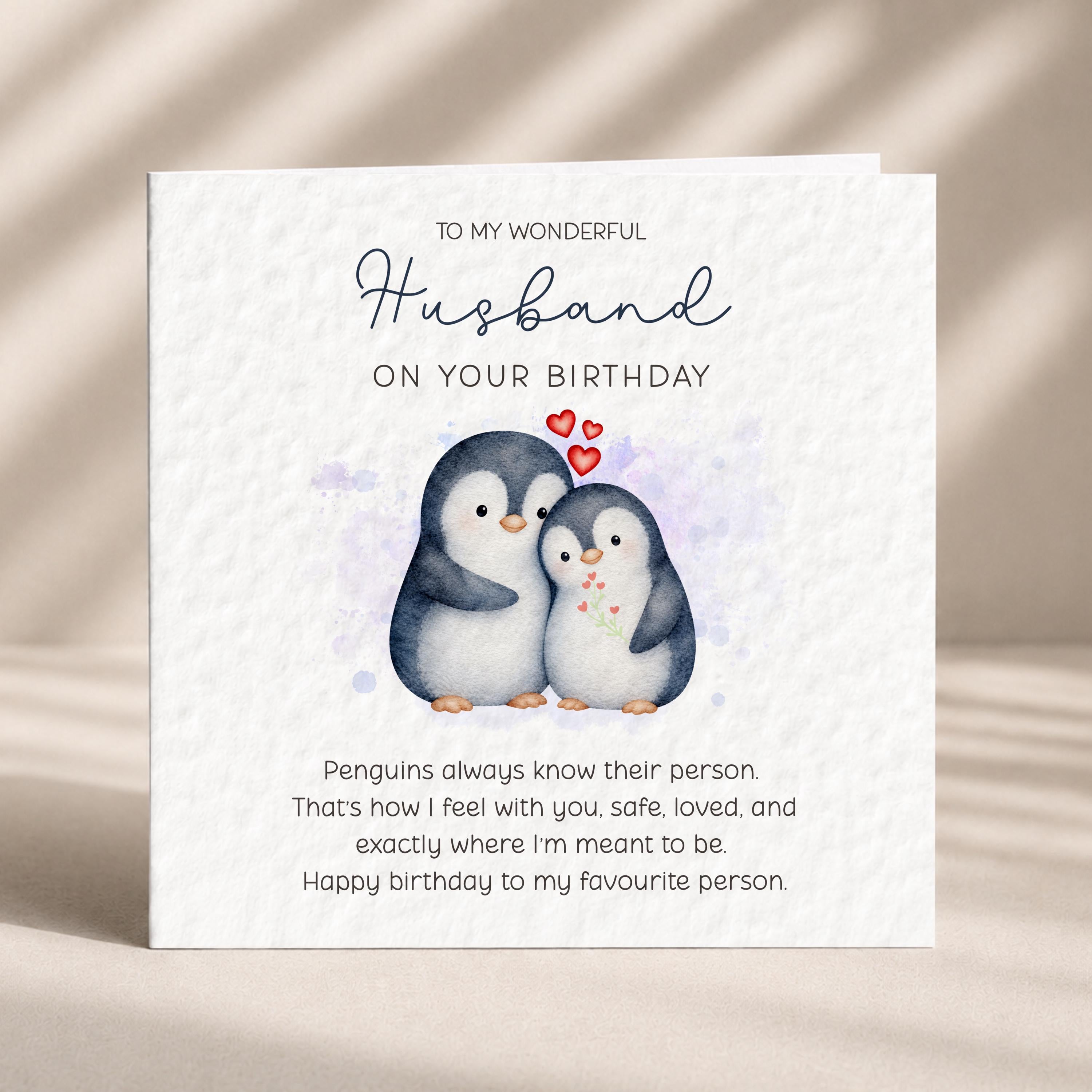 Birthday Card for Husband, Penguin Couple Design with Printed Verse for Your Favourite Person