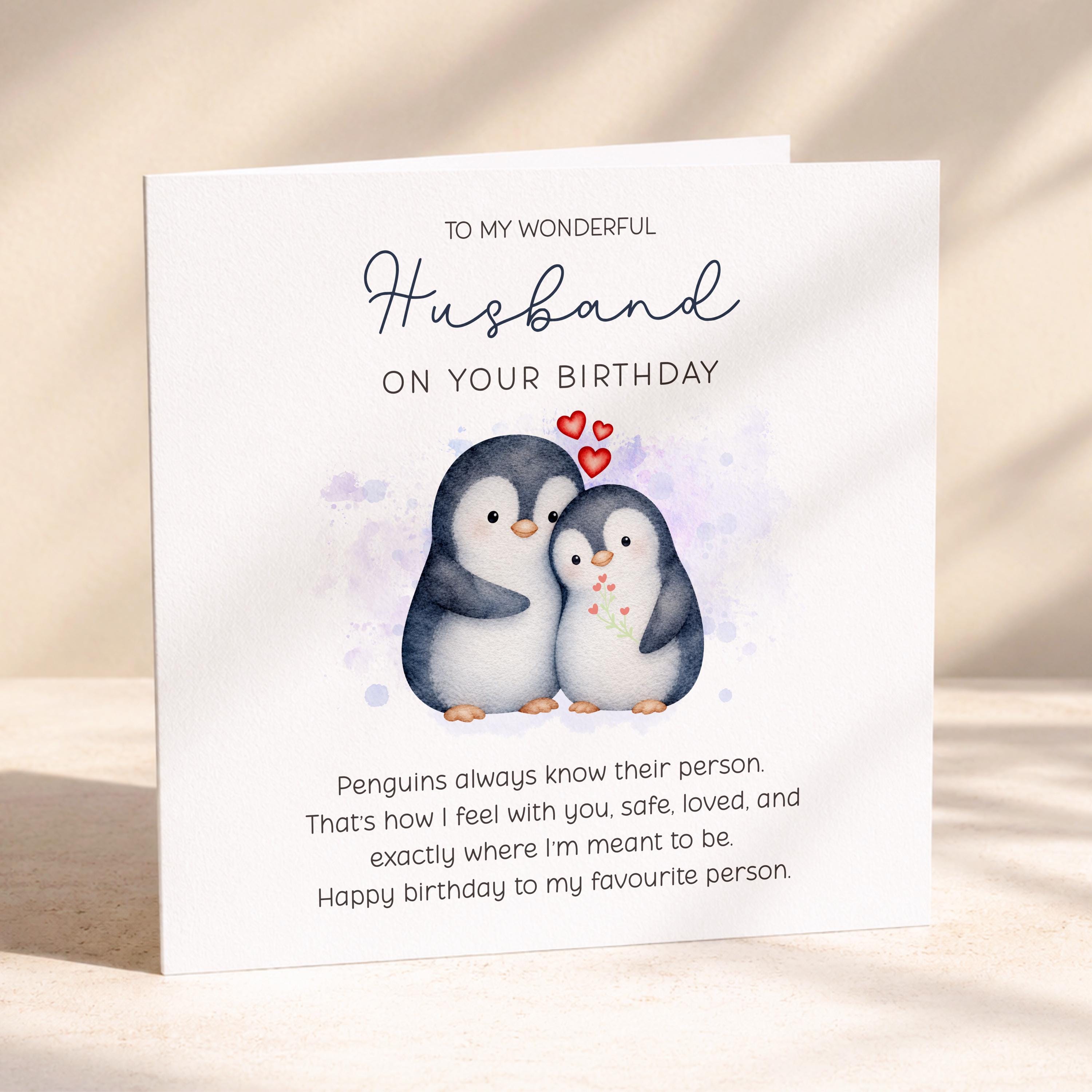 Birthday Card for Husband, Penguin Couple Design with Printed Verse for Your Favourite Person