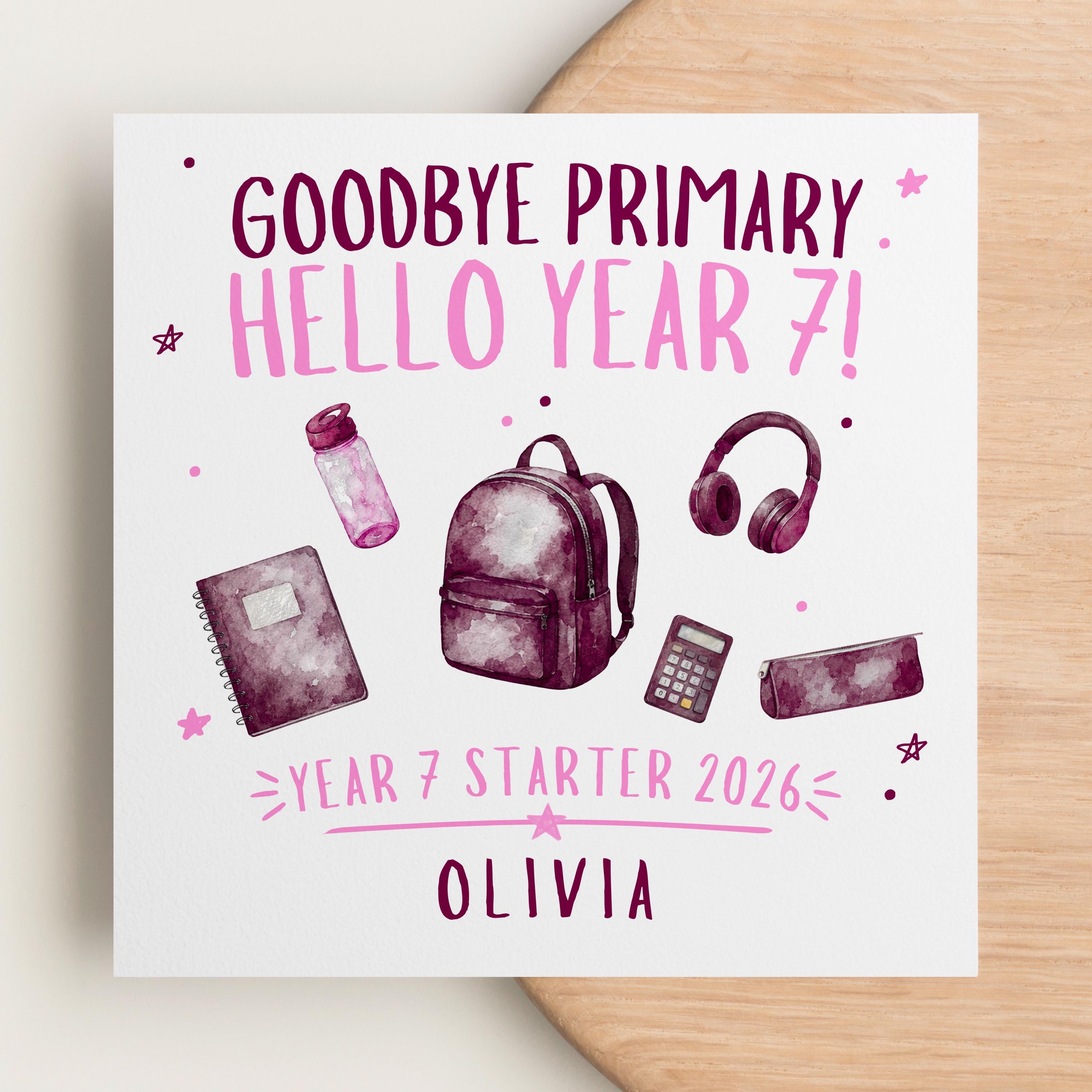 Personalised new school card with backpack notebook and calculator