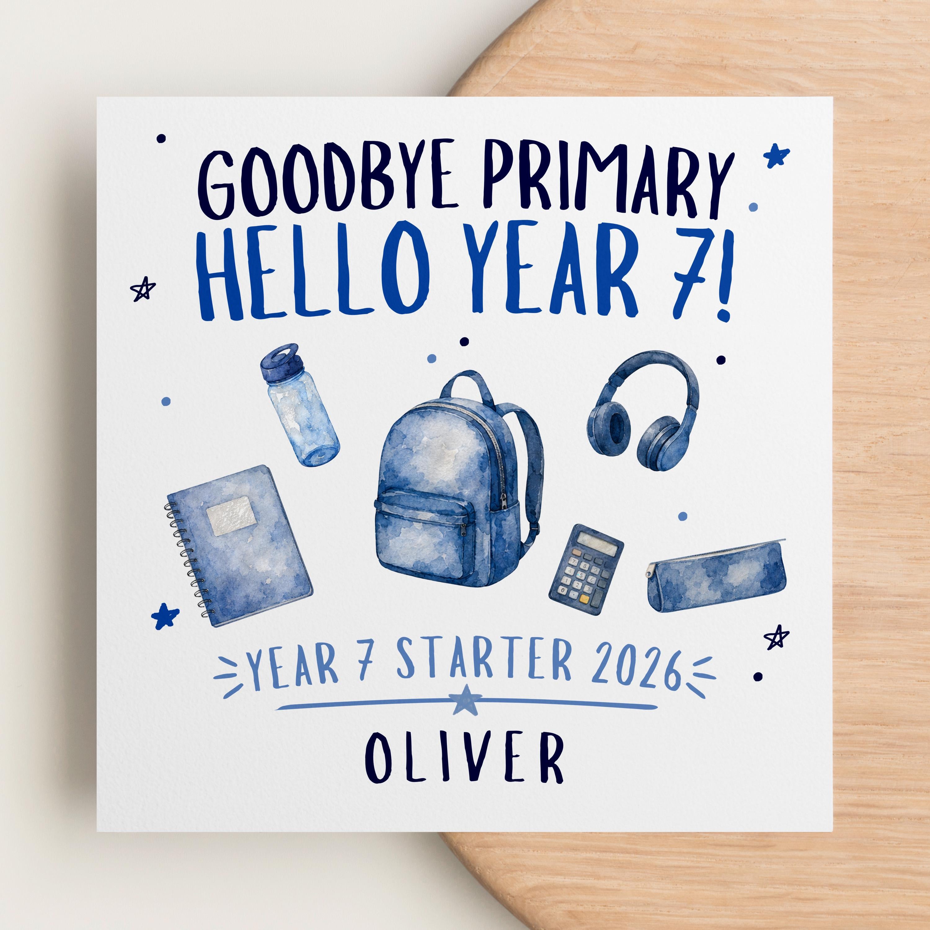 Square personalised Year 7 card supplied with a white envelope