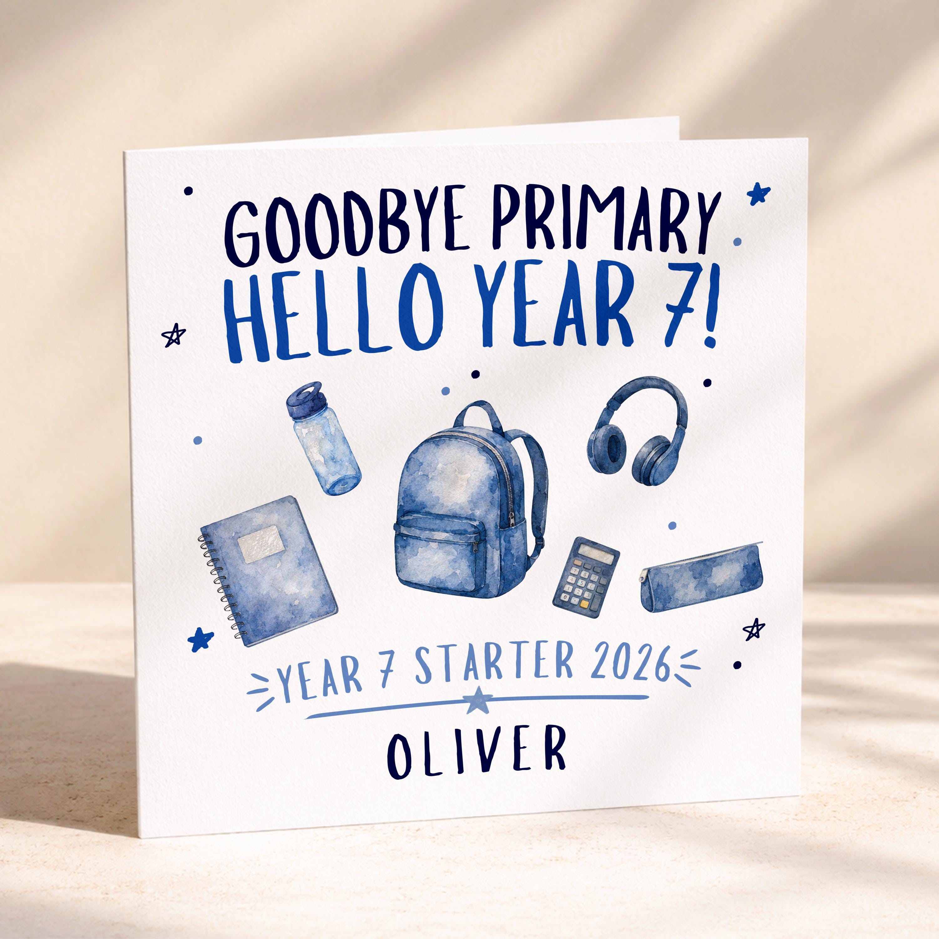 Year 7 starter card with custom name and watercolour school items