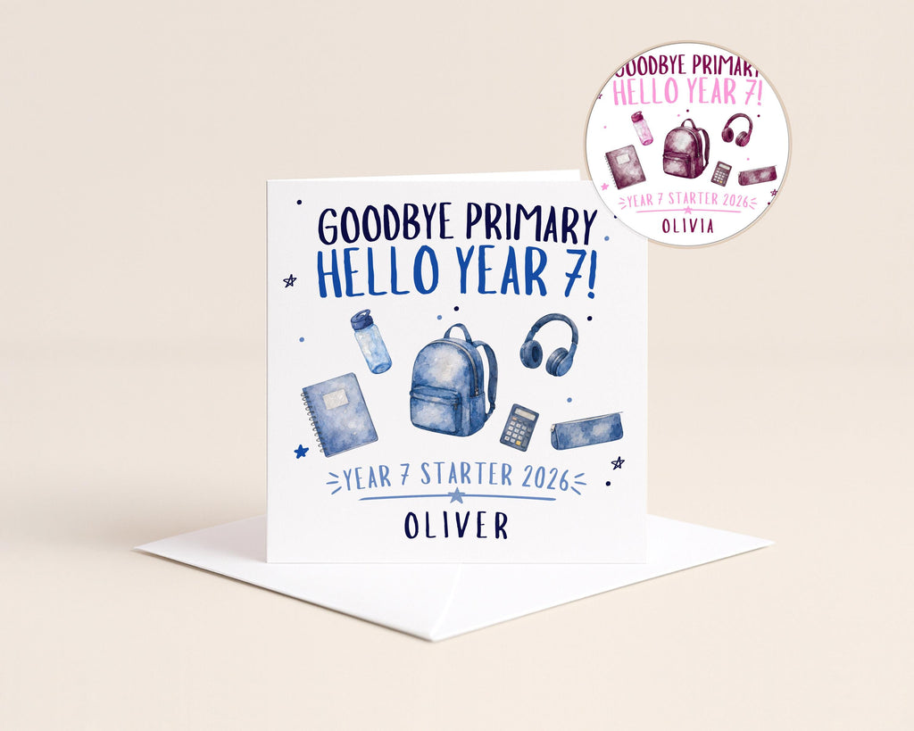 Personalised Year 7 secondary school card 2026 in blue or pink