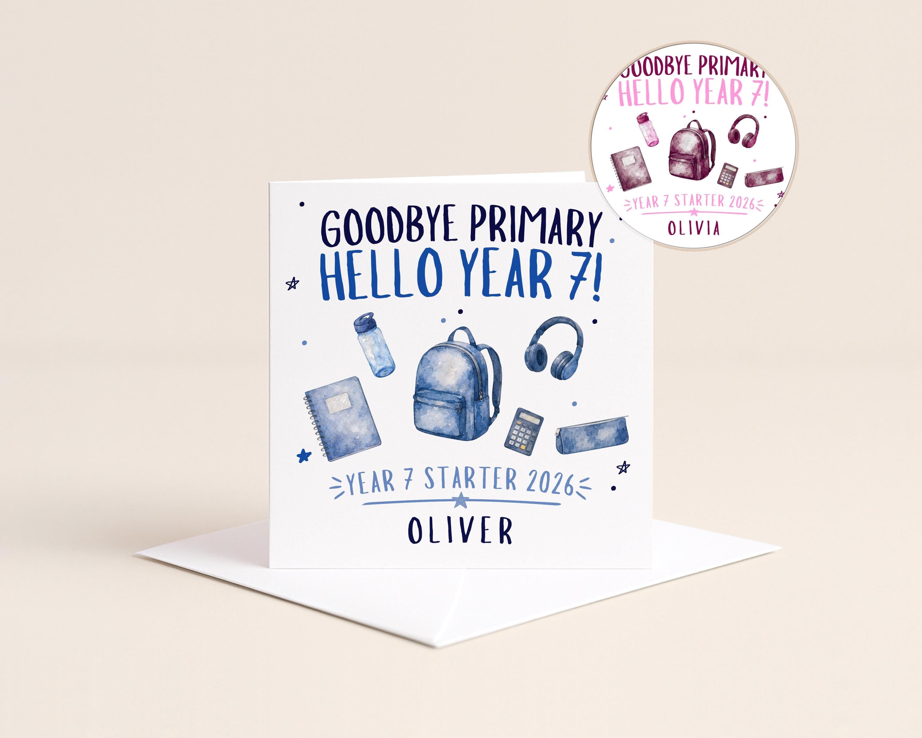 Personalised Year 7 secondary school card 2026 in blue or pink