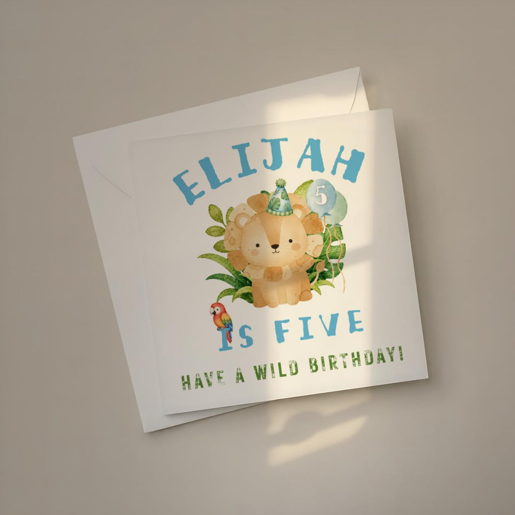 Personalised safari lion birthday card for boy age five with name