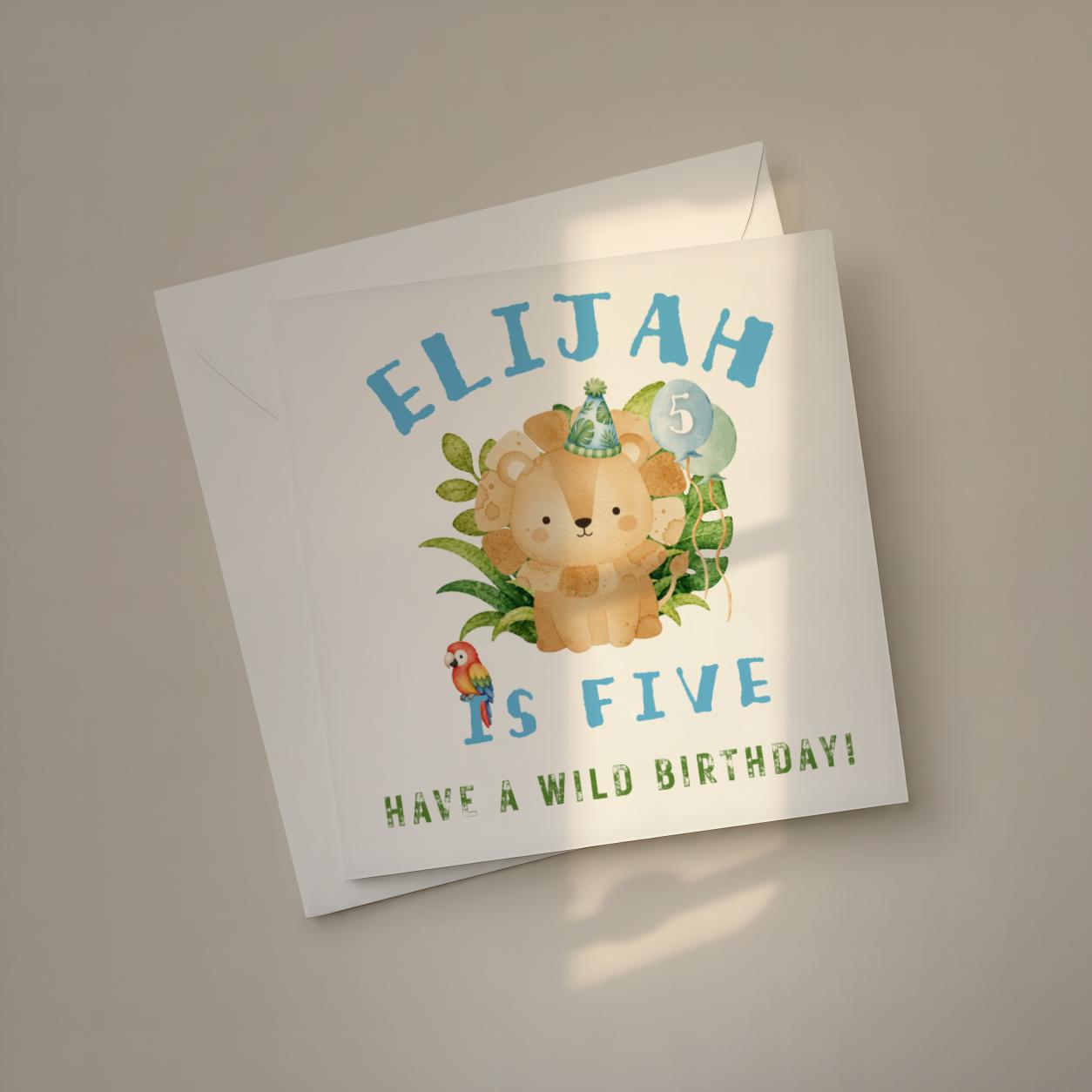 Personalised safari lion birthday card for boy age five with name