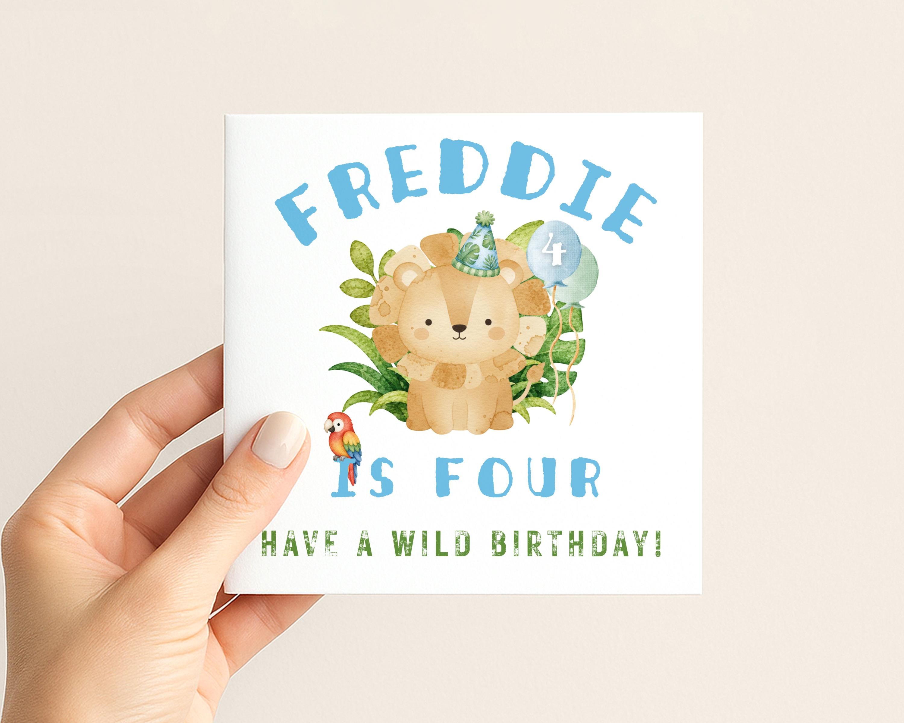 Personalised boys safari birthday card with name and age options