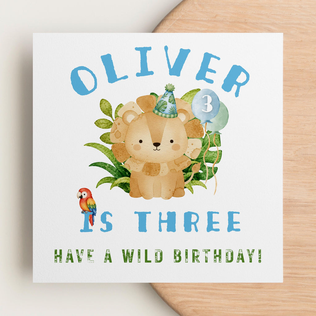 Personalised safari lion birthday card for boy age two with name