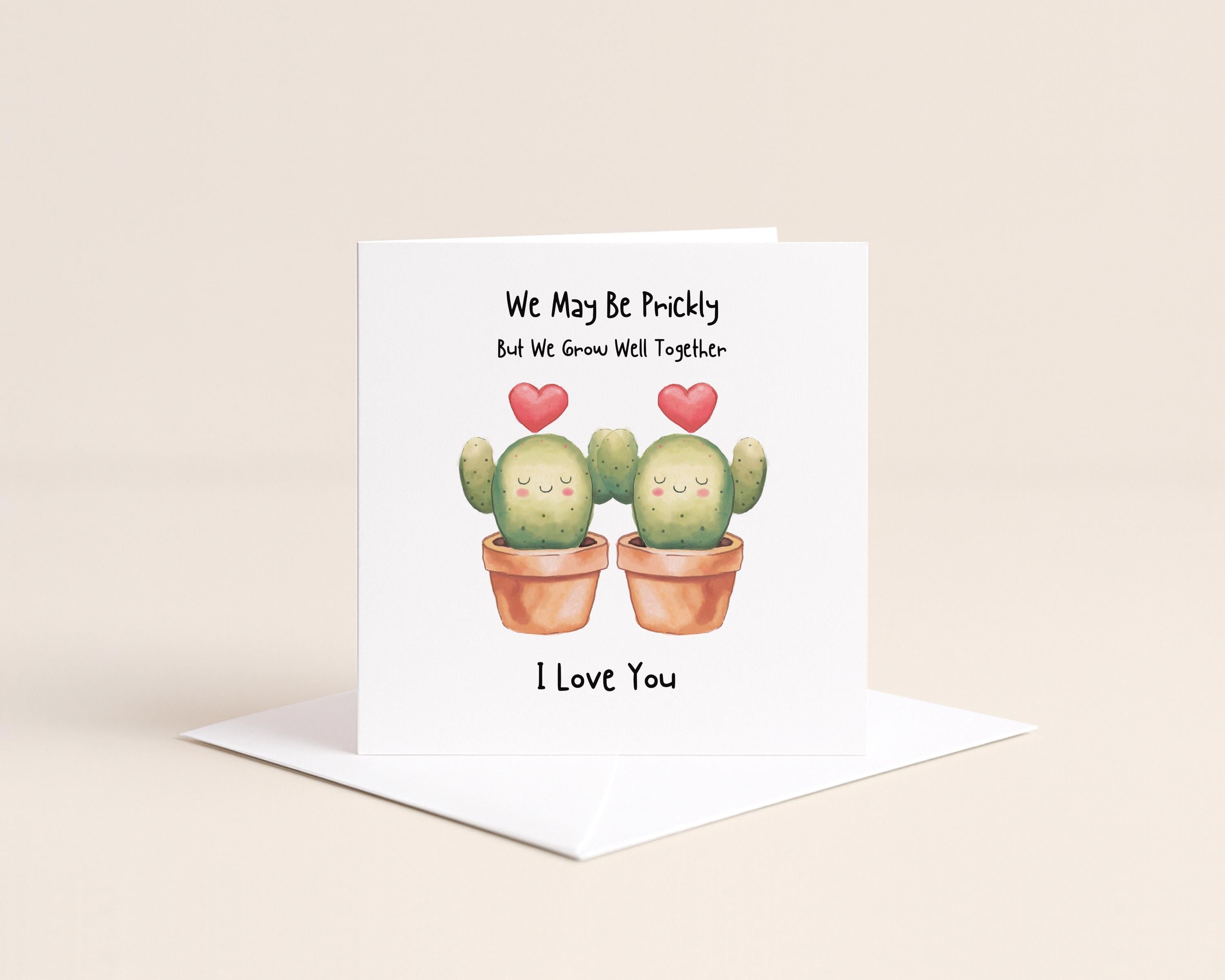 Square cactus love card supplied with a white envelope