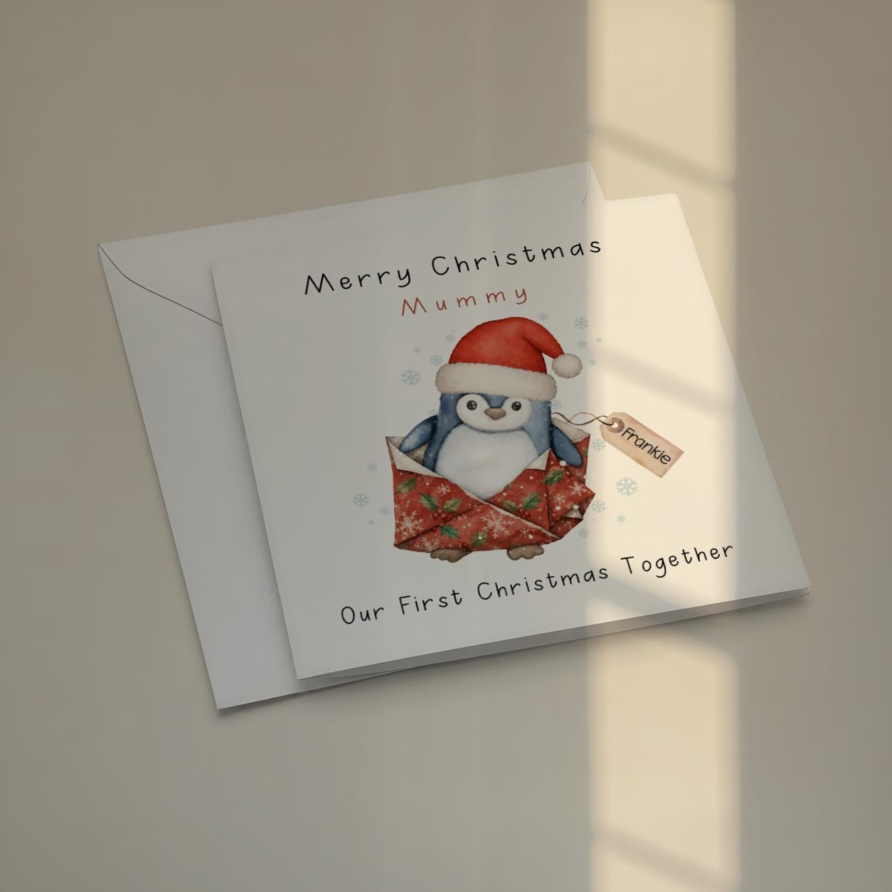 Personalised penguin Christmas card with smooth matte and hammered card choices