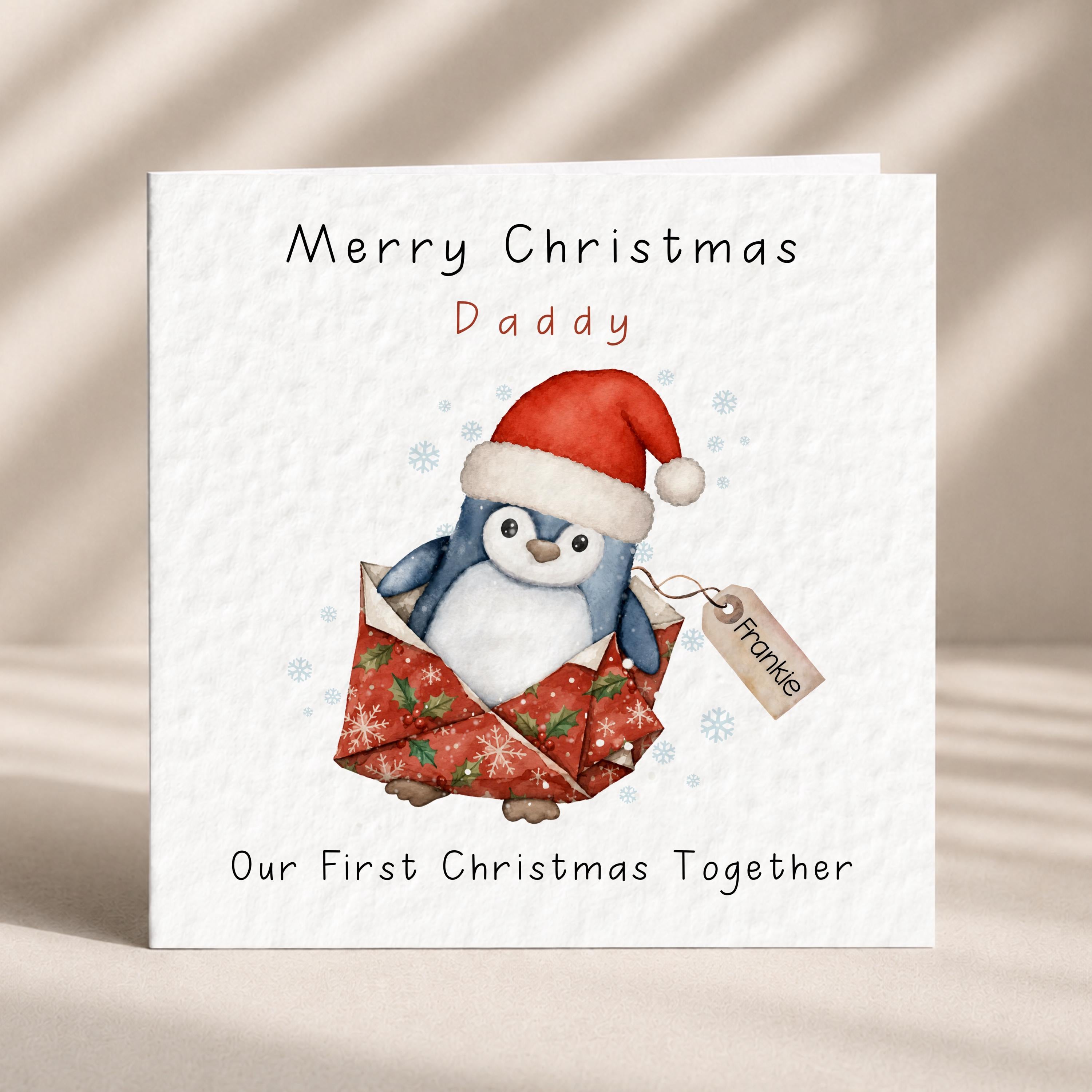 Personalised first Christmas card for Mummy with watercolour penguin and child name