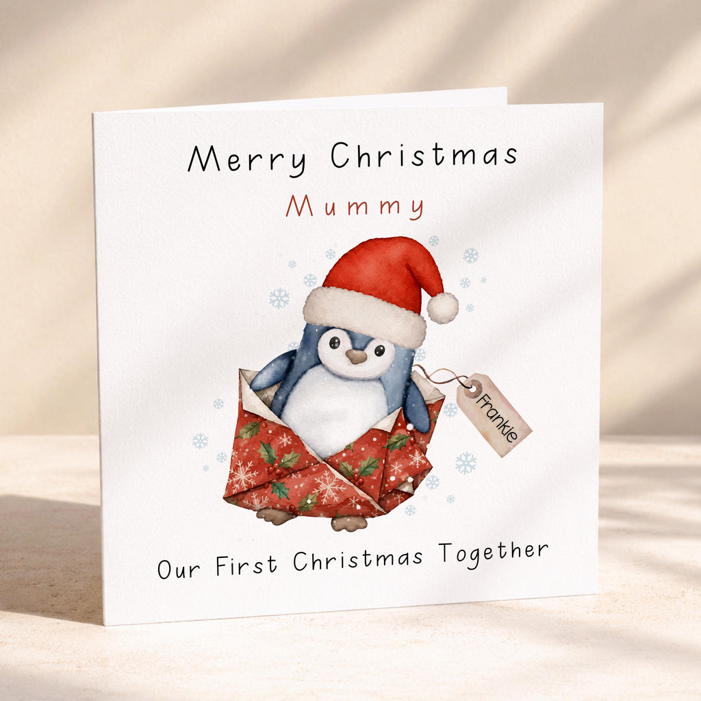 Penguin first Christmas card with our first Christmas together wording