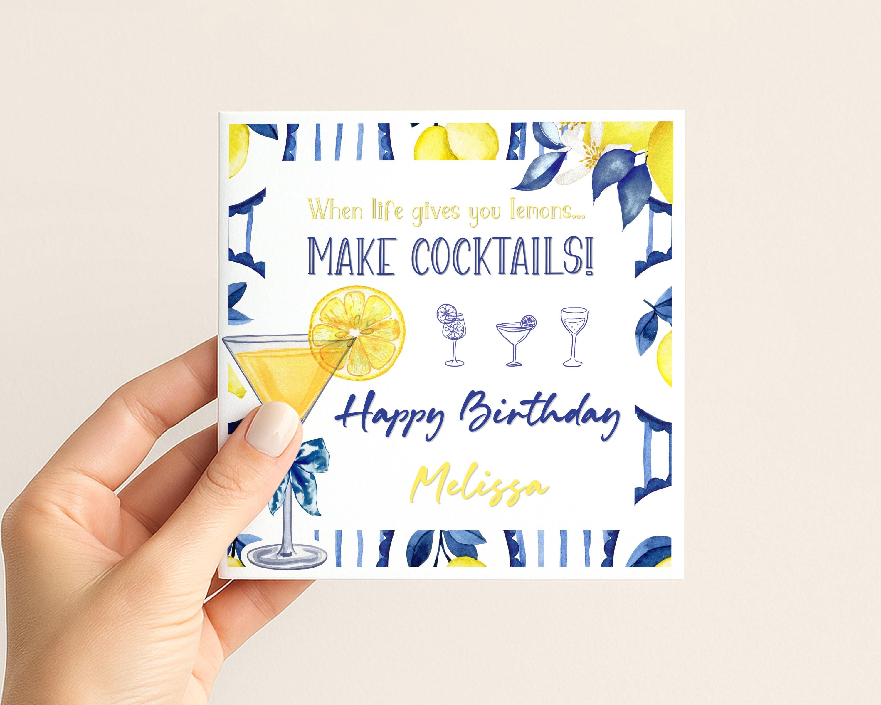Personalised lemon cocktail birthday card for her with custom name, image 3