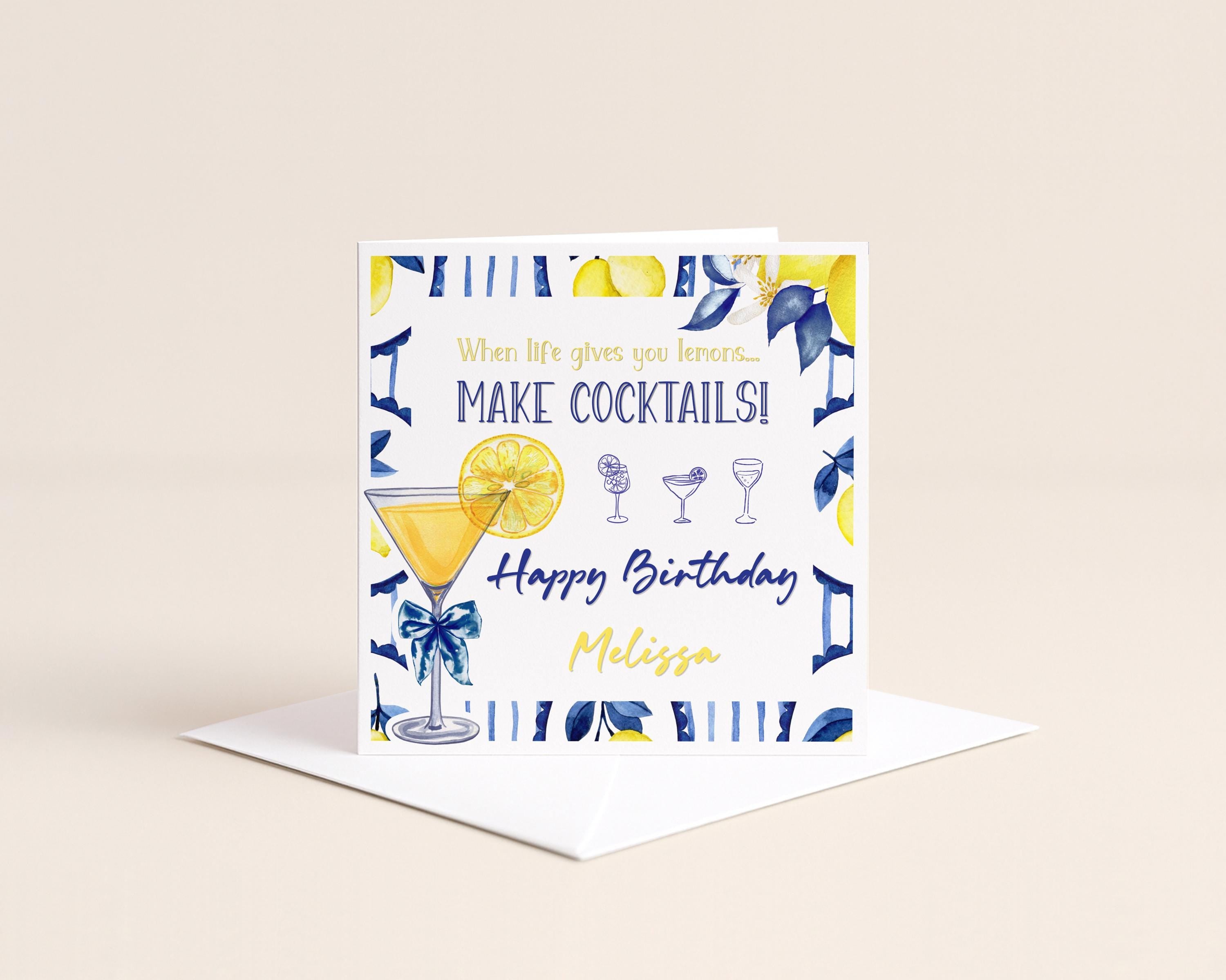 Personalised lemon cocktail birthday card for her with custom name, image 7