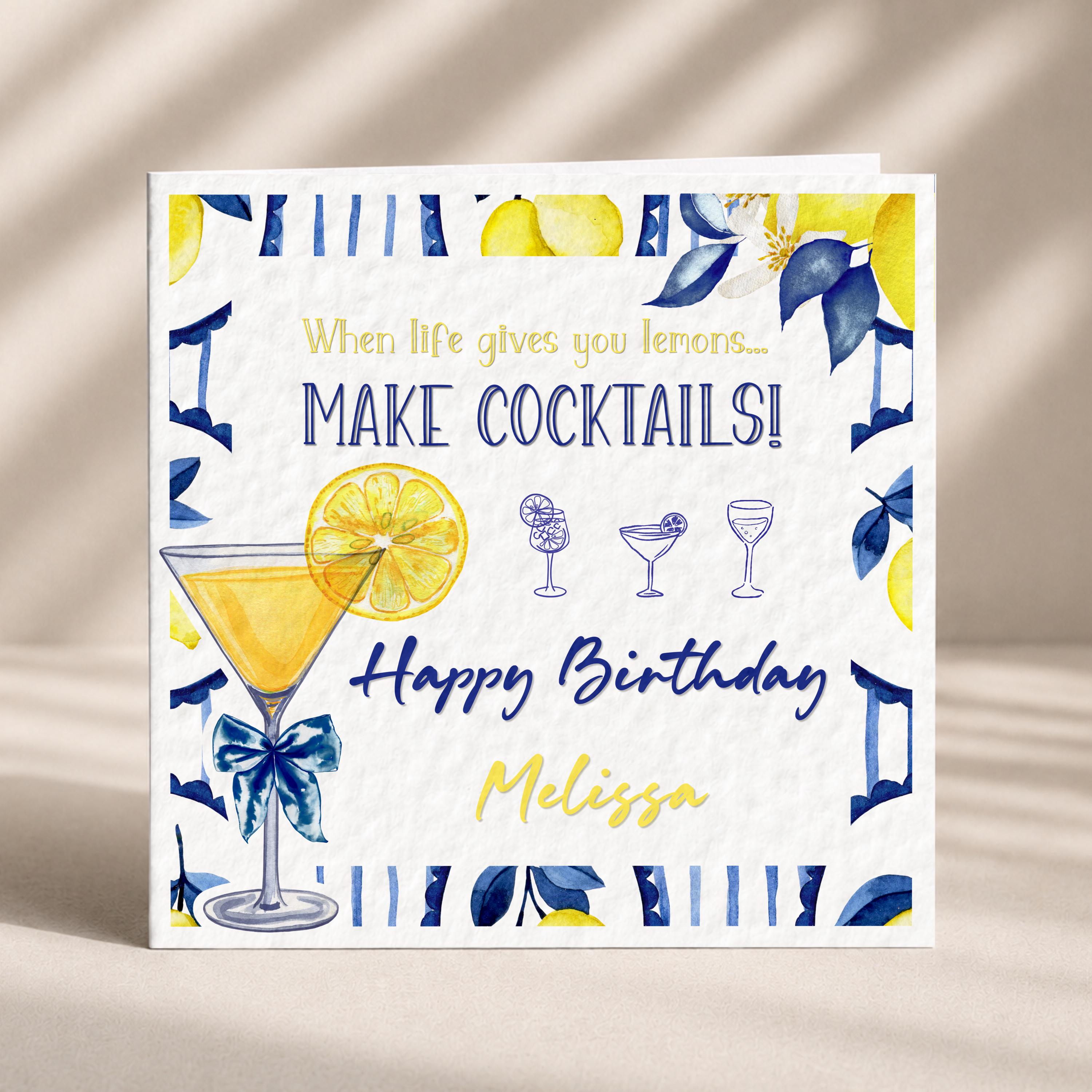 Personalised lemon cocktail birthday card for her with custom name, image 2
