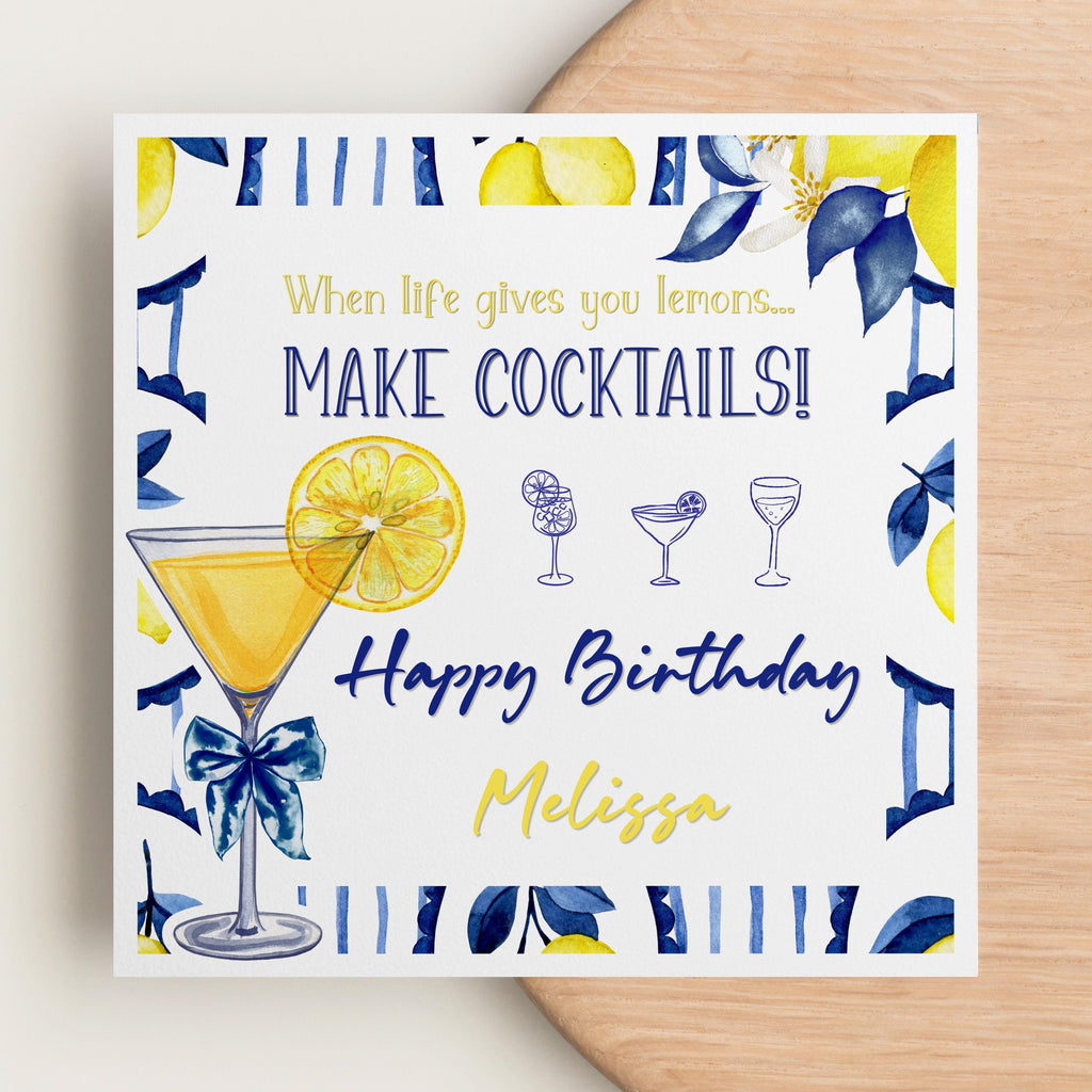 Personalised lemon cocktail birthday card for her with custom name, image 5