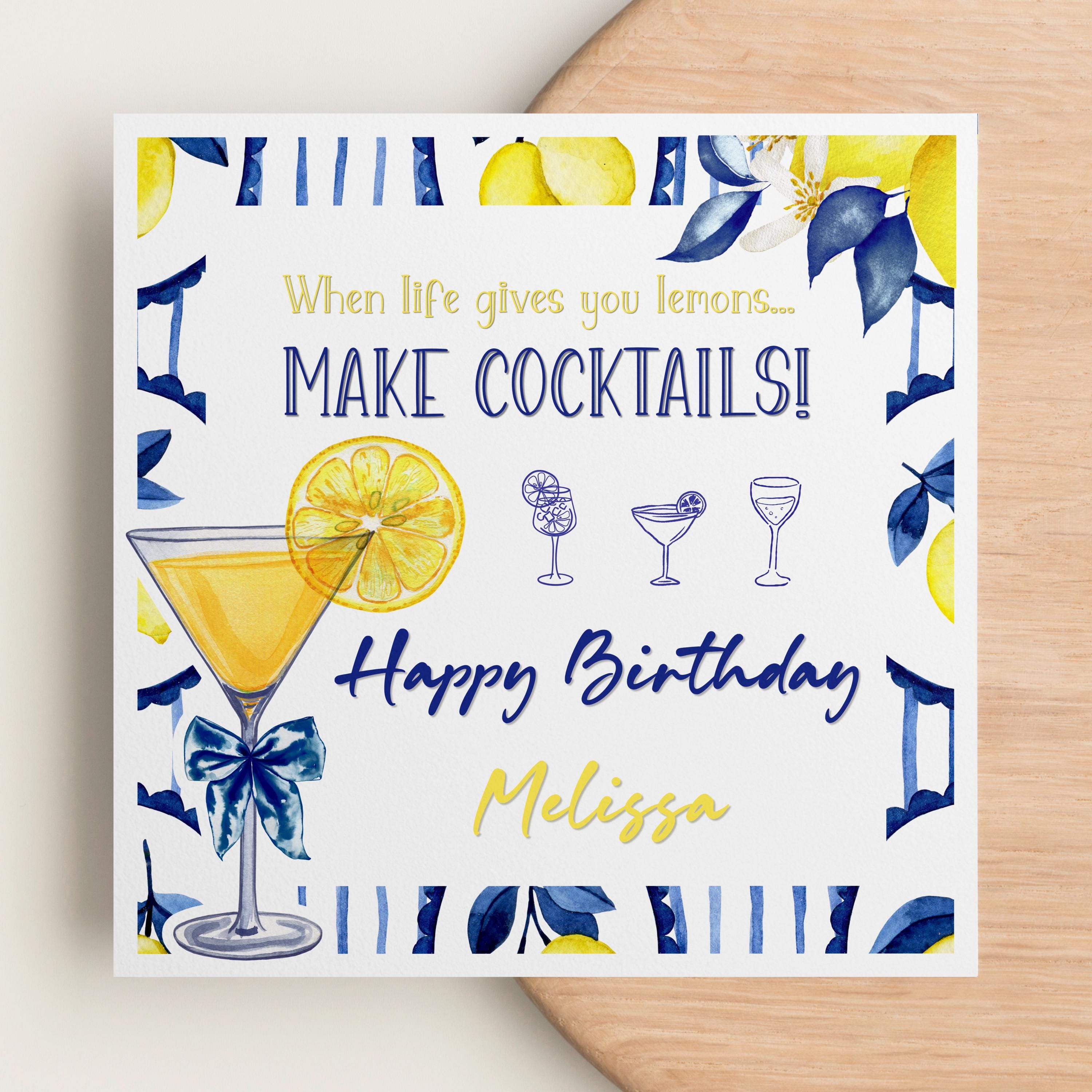 Personalised lemon cocktail birthday card for her with custom name, image 5