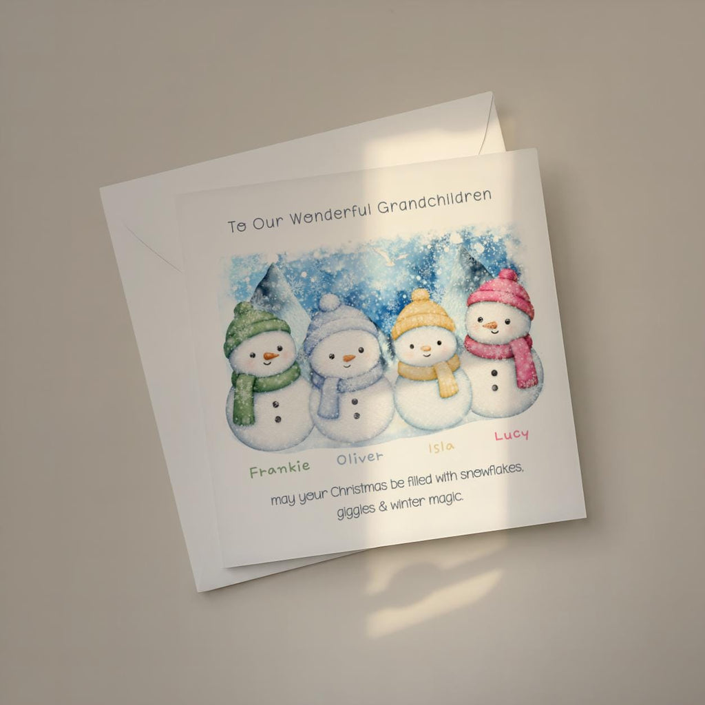 Three purple blue and pink snowmen personalised Christmas card