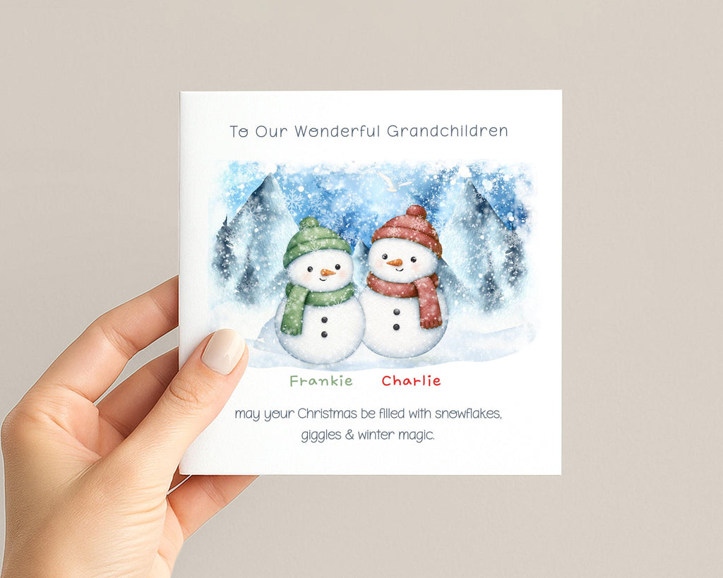 Four mixed colour snowmen personalised grandchildren Christmas card
